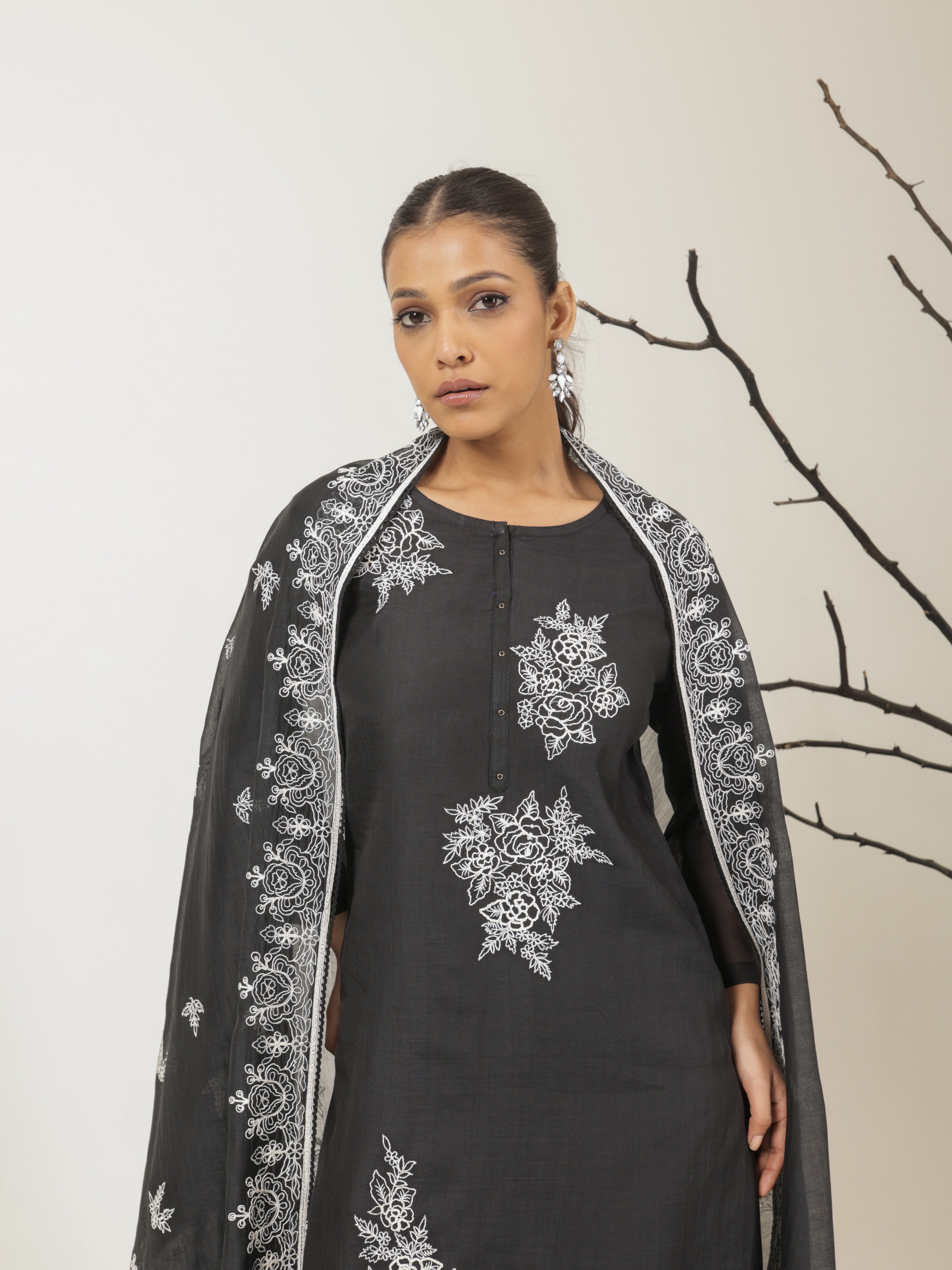 Vanya Pure Mul Chanderi Embroidered Kurta Set with Dupatta- Black