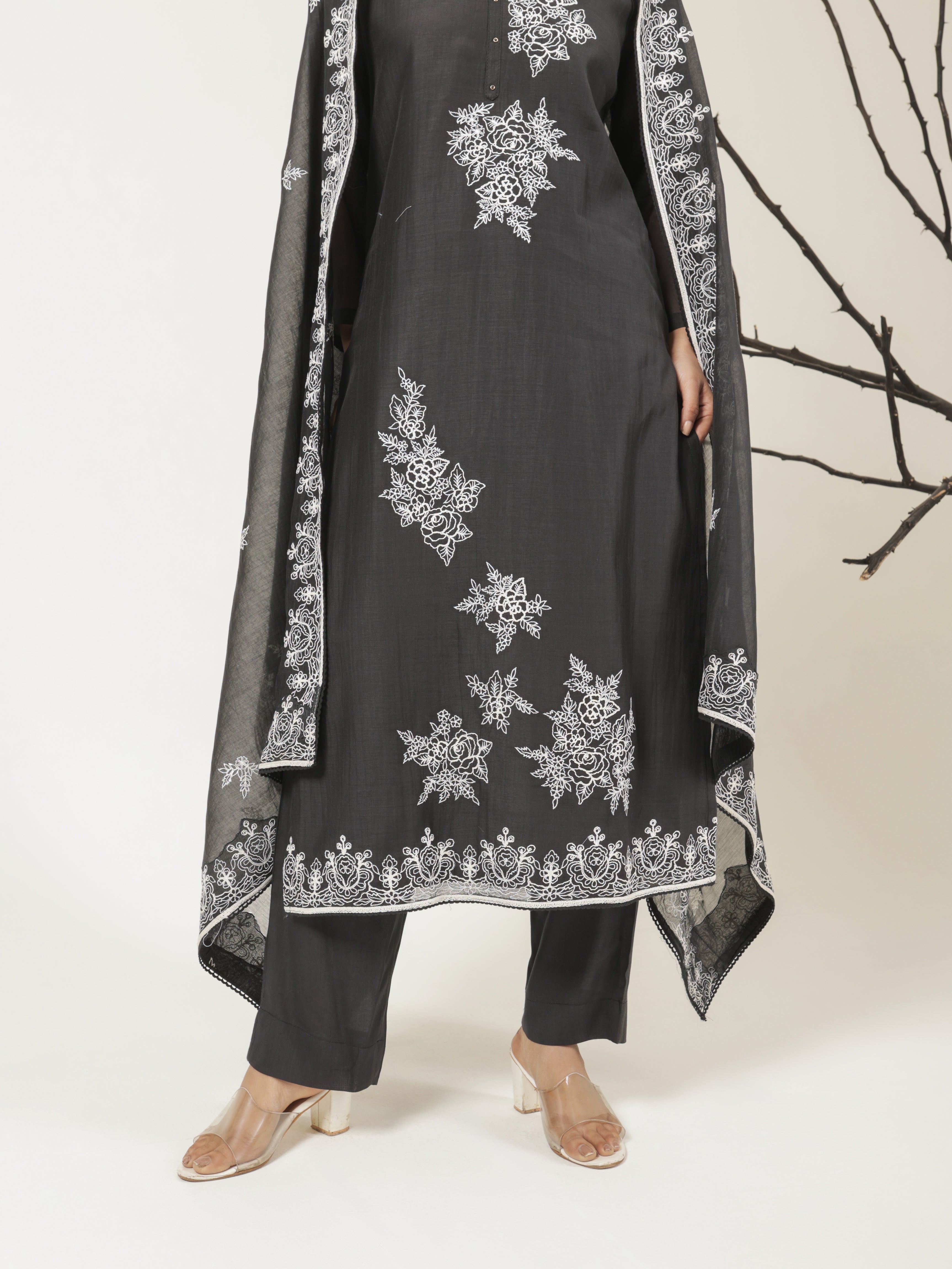 Vanya Pure Mul Chanderi Embroidered Kurta Set with Dupatta- Black