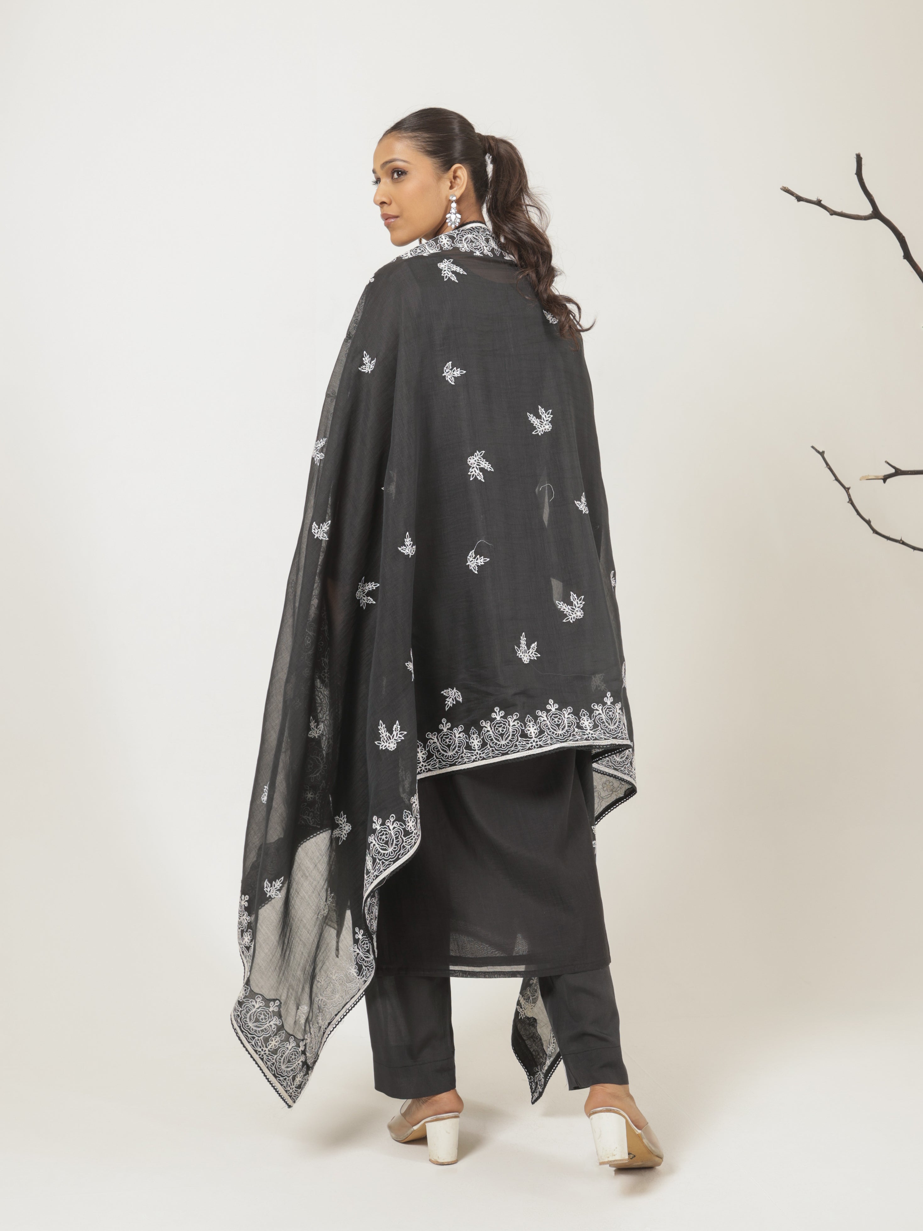 Vanya Pure Mul Chanderi Embroidered Kurta Set with Dupatta- Black