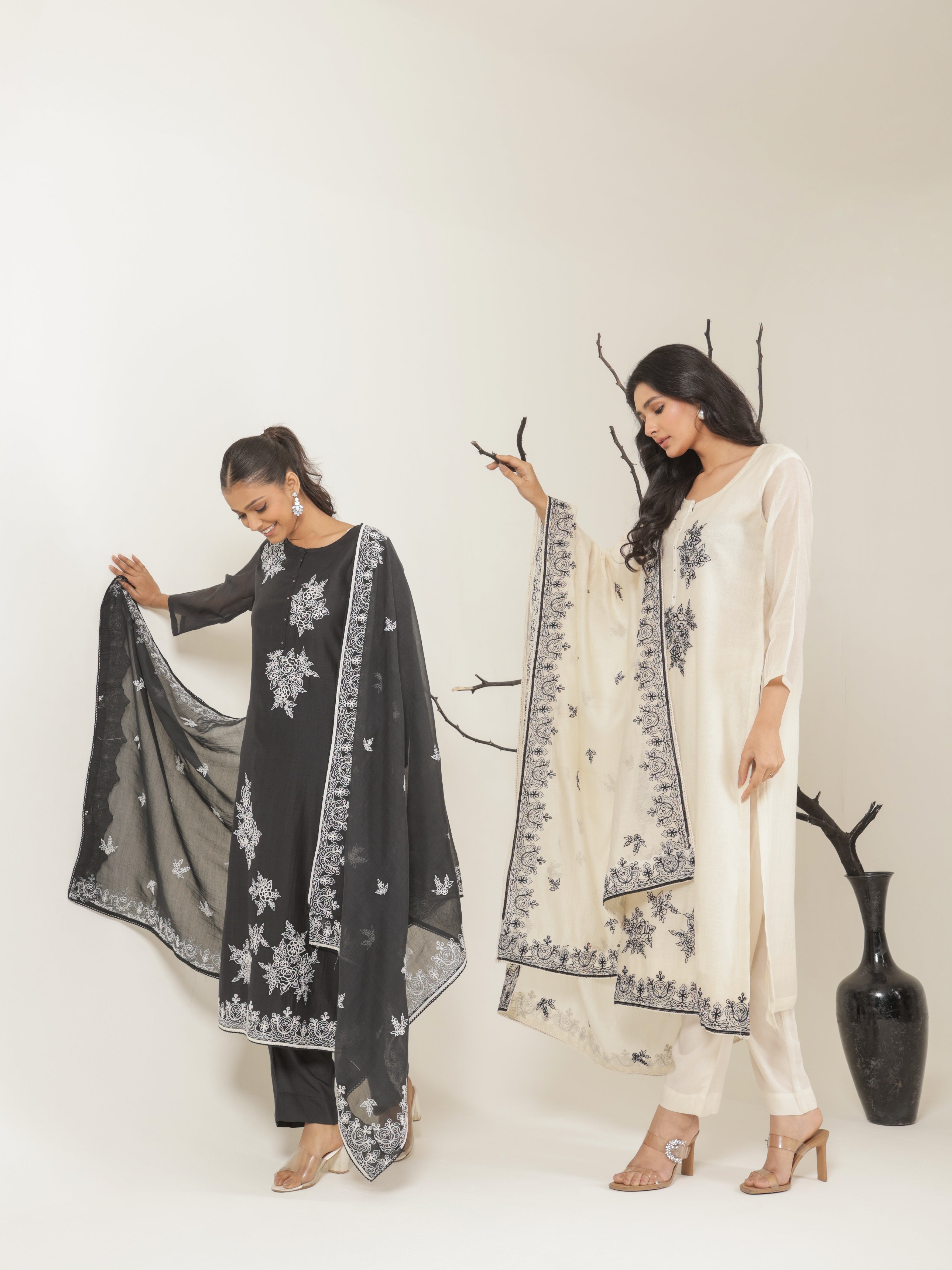 Vanya Pure Mul Chanderi Embroidered Kurta Set with Dupatta- Black