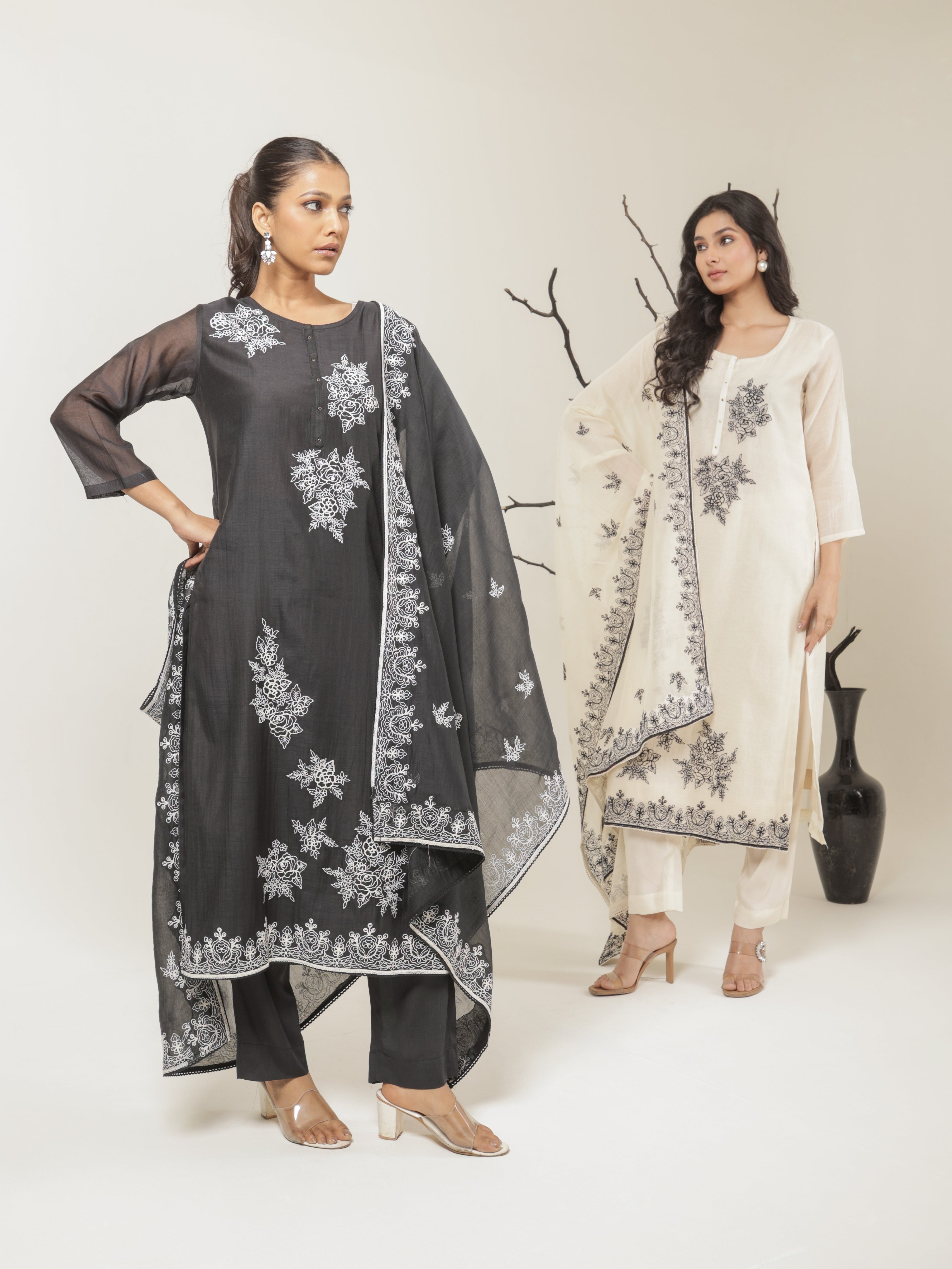 Vanya Pure Mul Chanderi Embroidered Kurta Set with Dupatta- Black