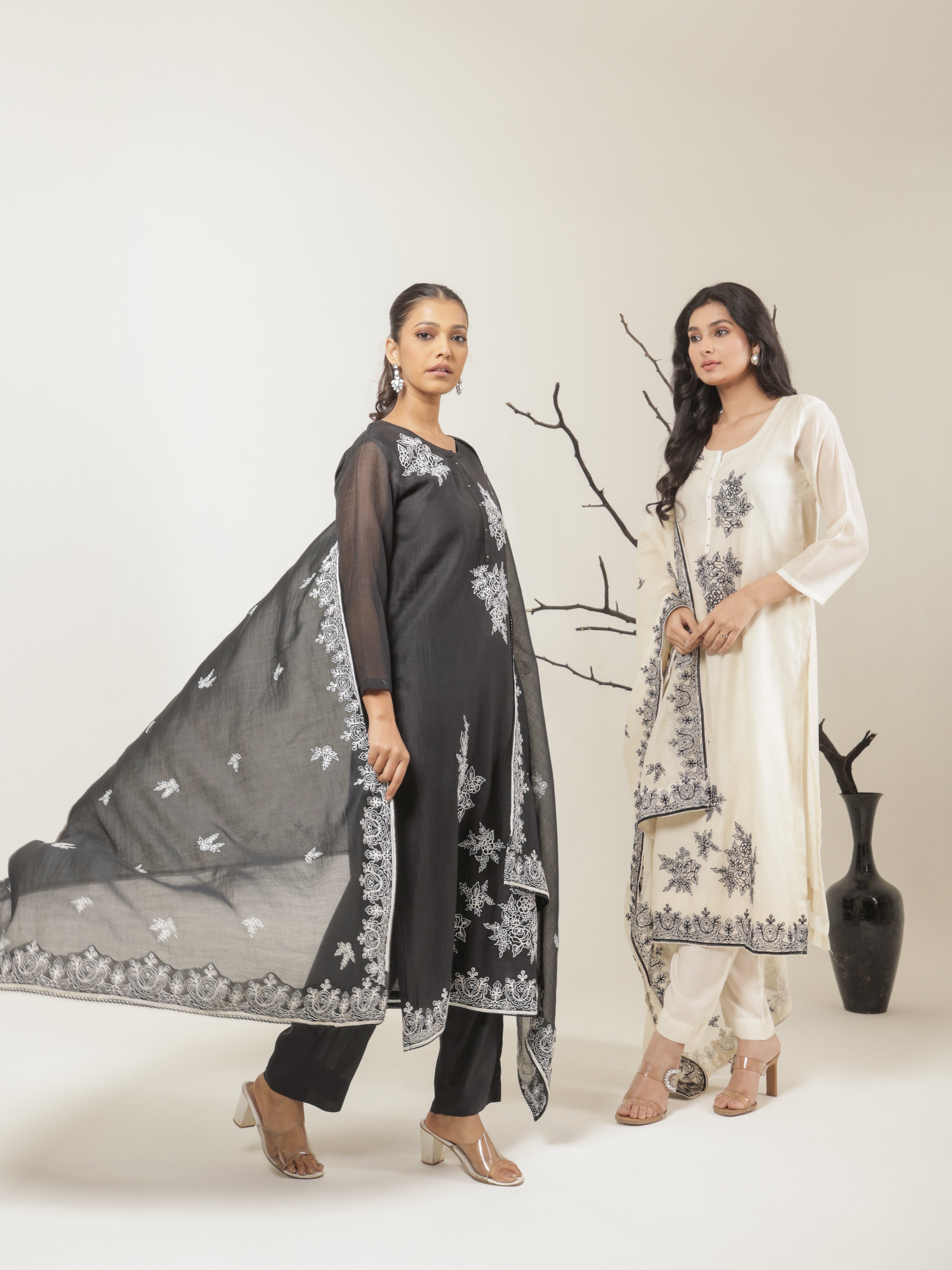 Vanya Pure Mul Chanderi Embroidered Kurta Set with Dupatta- Black