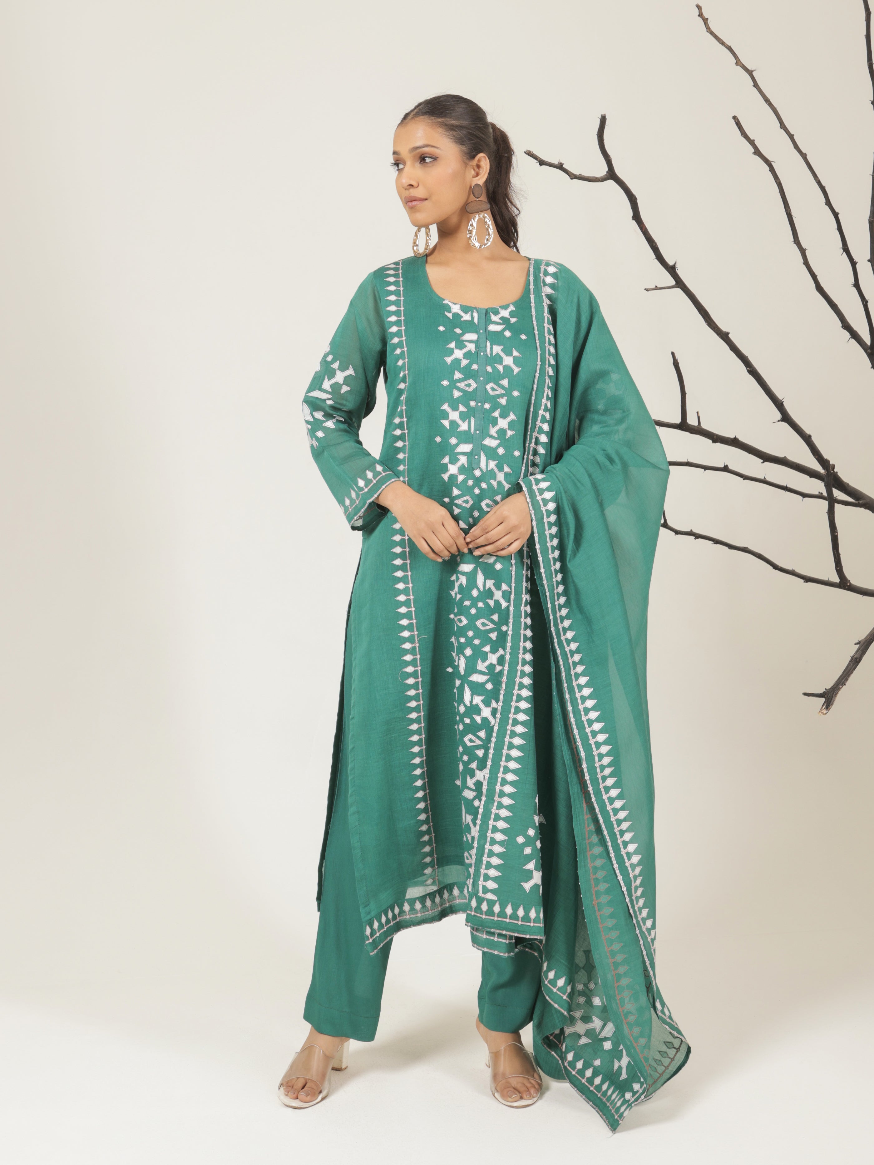 Aarya Pure Mul Chanderi Embroidered Kurta Set with Dupatta - Emerald Green