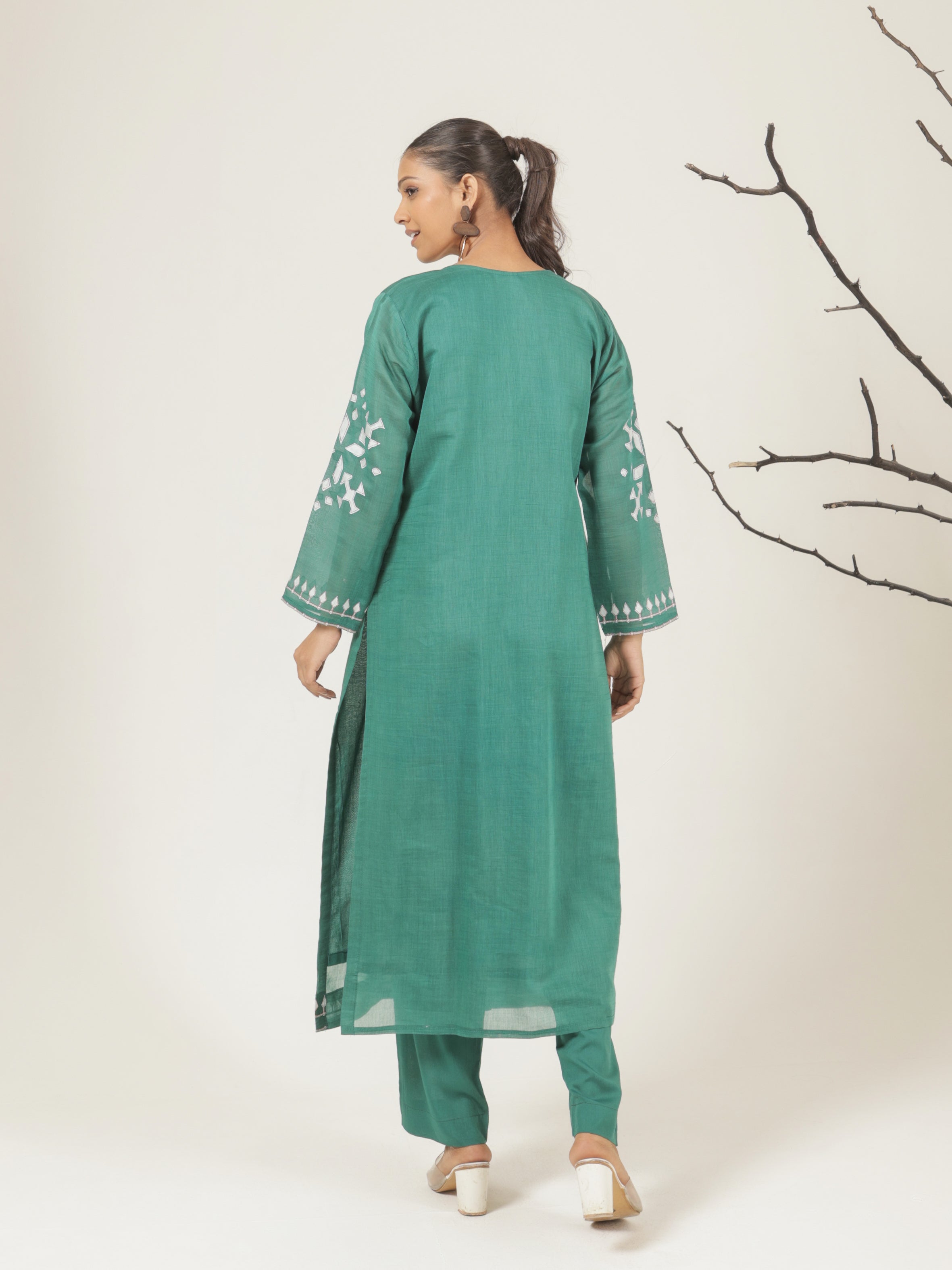 Aarya Pure Mul Chanderi Embroidered Kurta Set with Dupatta - Emerald Green