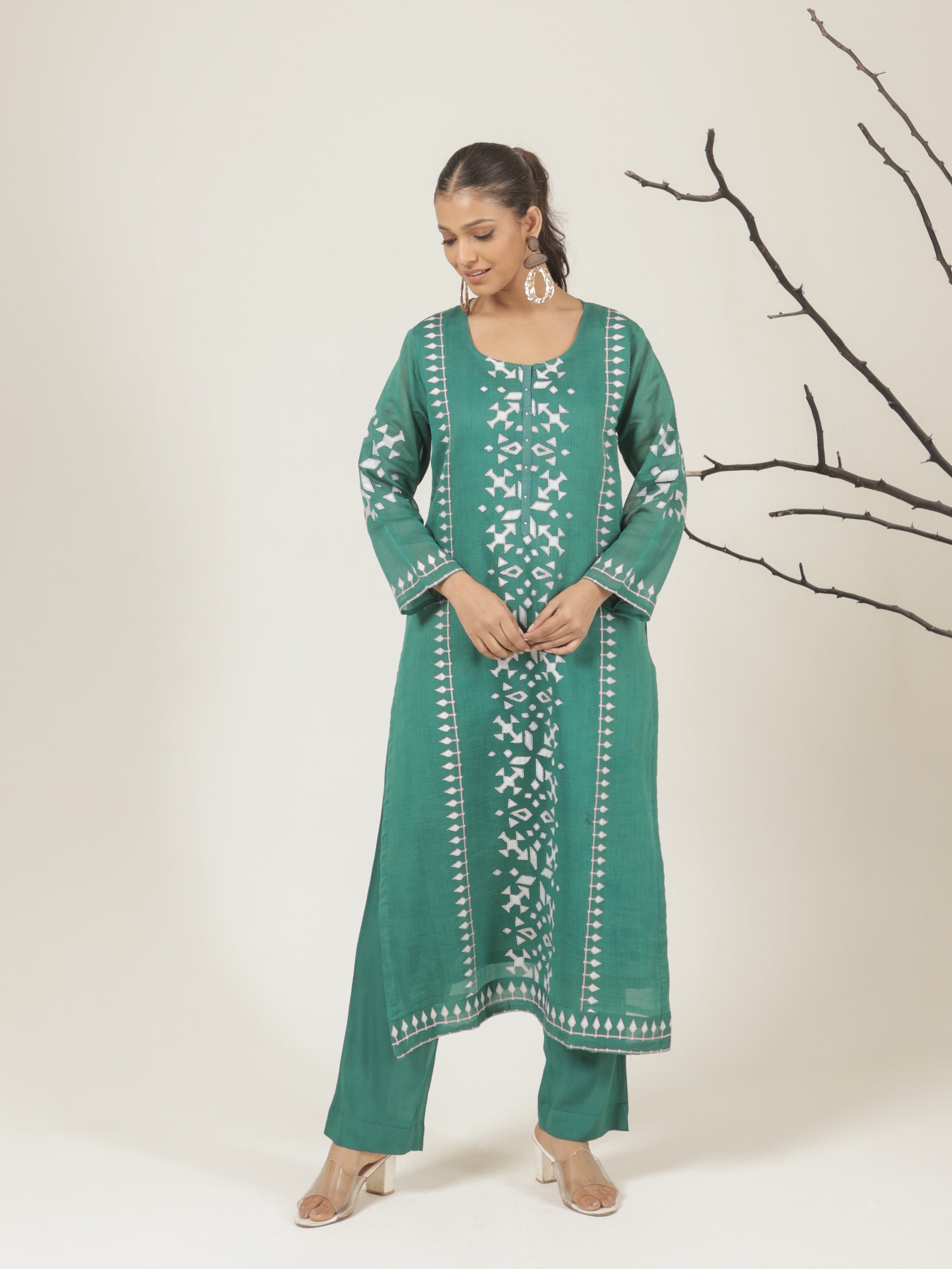 Aarya Pure Mul Chanderi Embroidered Kurta Set with Dupatta - Emerald Green