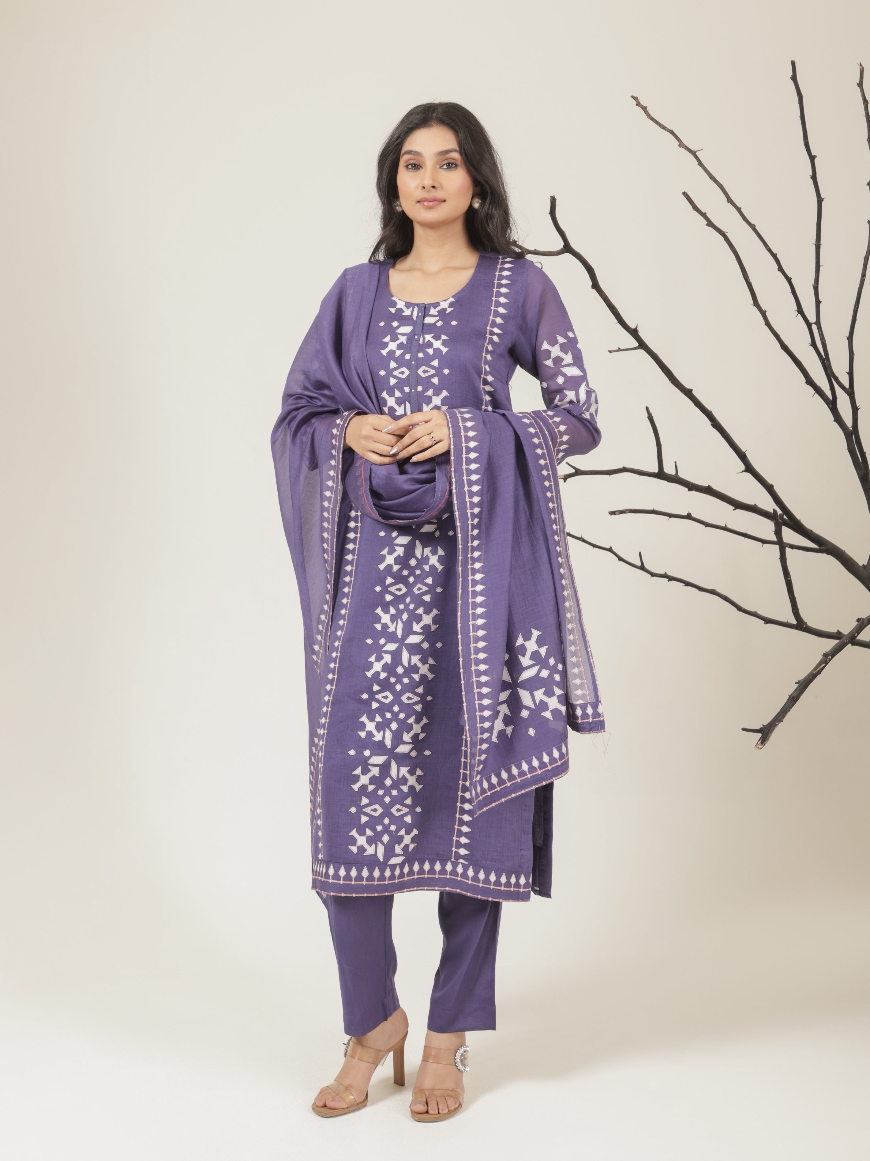 Aarya Pure Mul Chanderi Embroidered Kurta Set with Dupatta - Purple