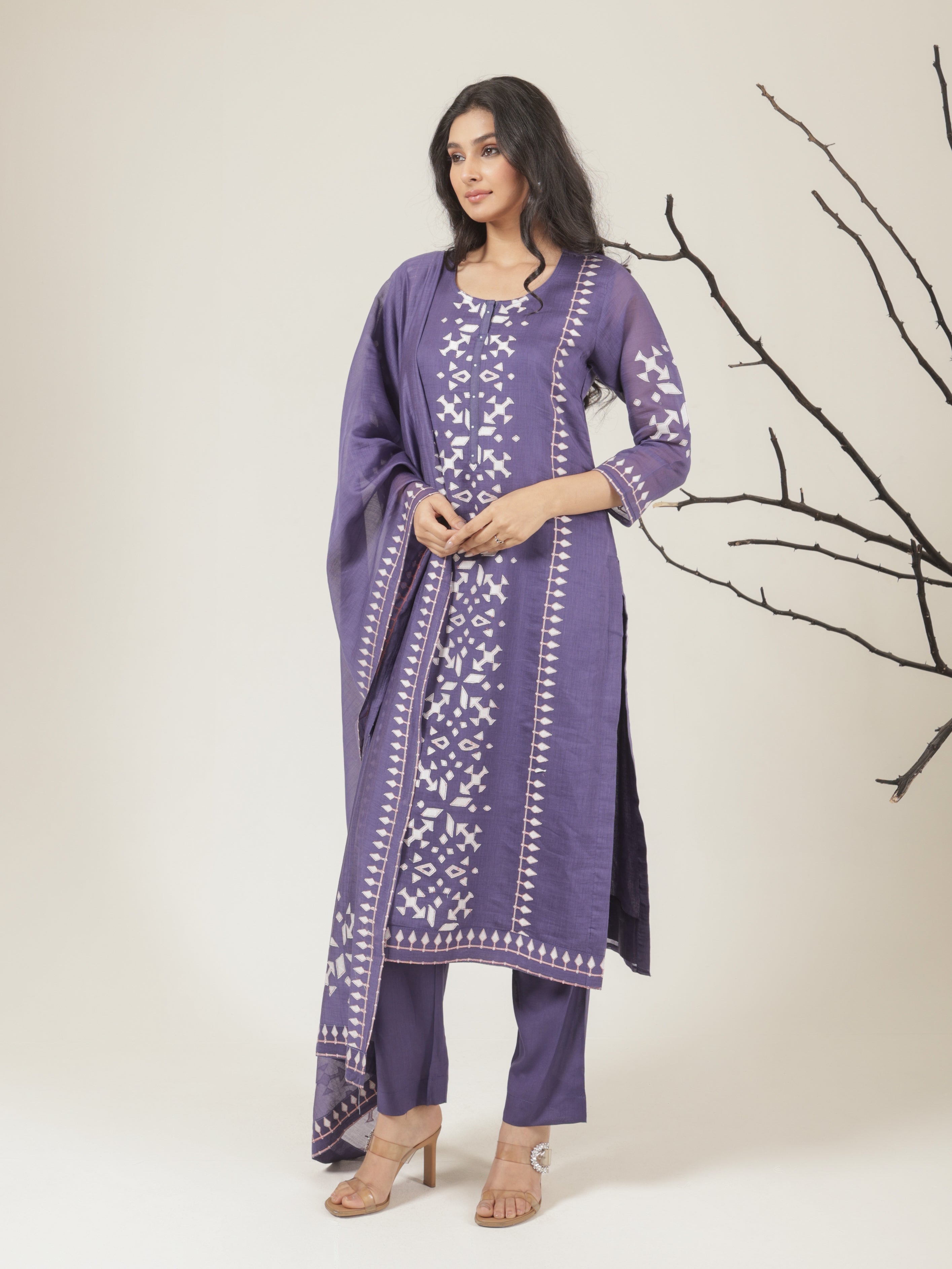 Aarya Pure Mul Chanderi Embroidered Kurta Set with Dupatta - Purple
