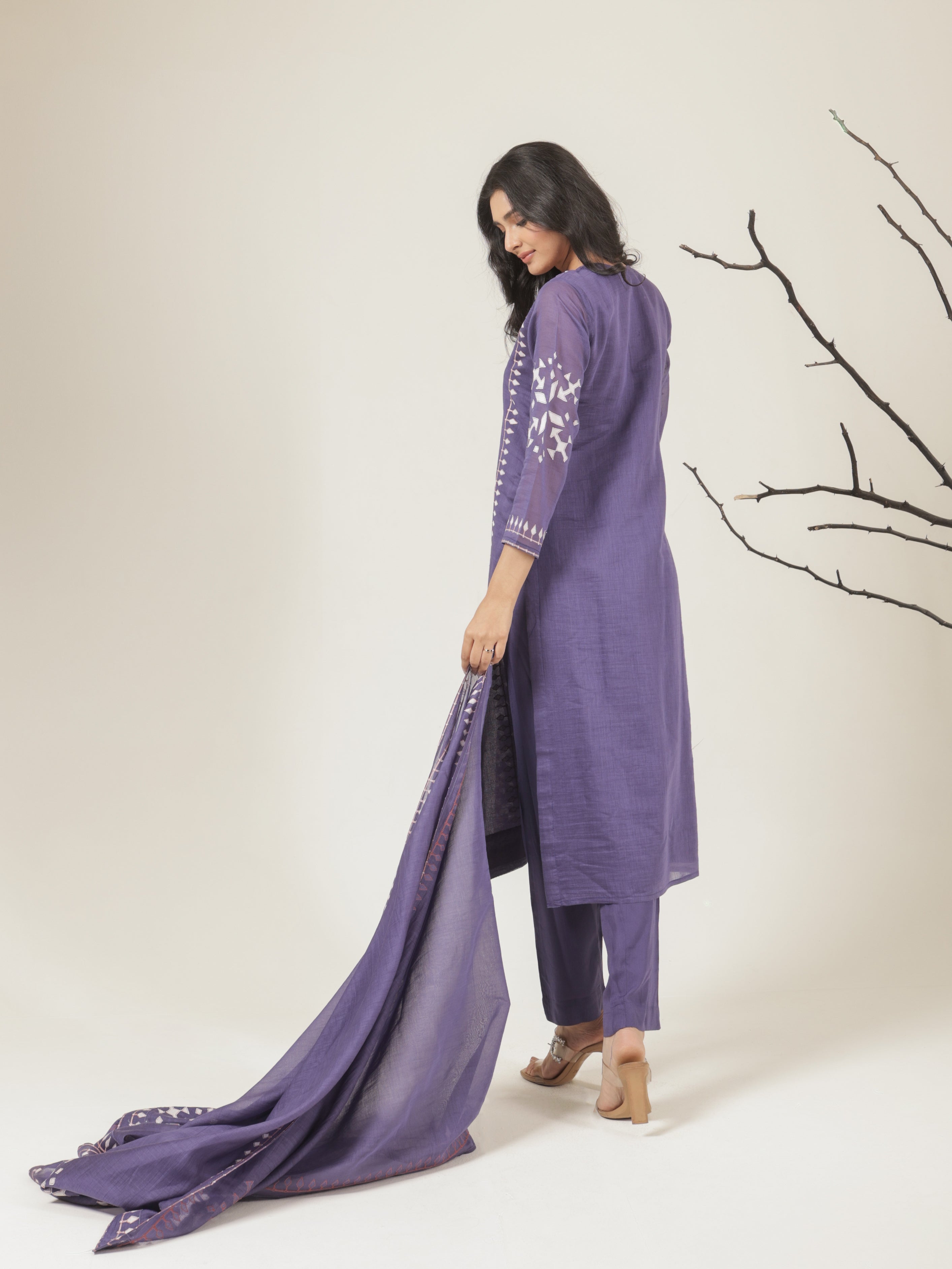 Aarya Pure Mul Chanderi Embroidered Kurta Set with Dupatta - Purple