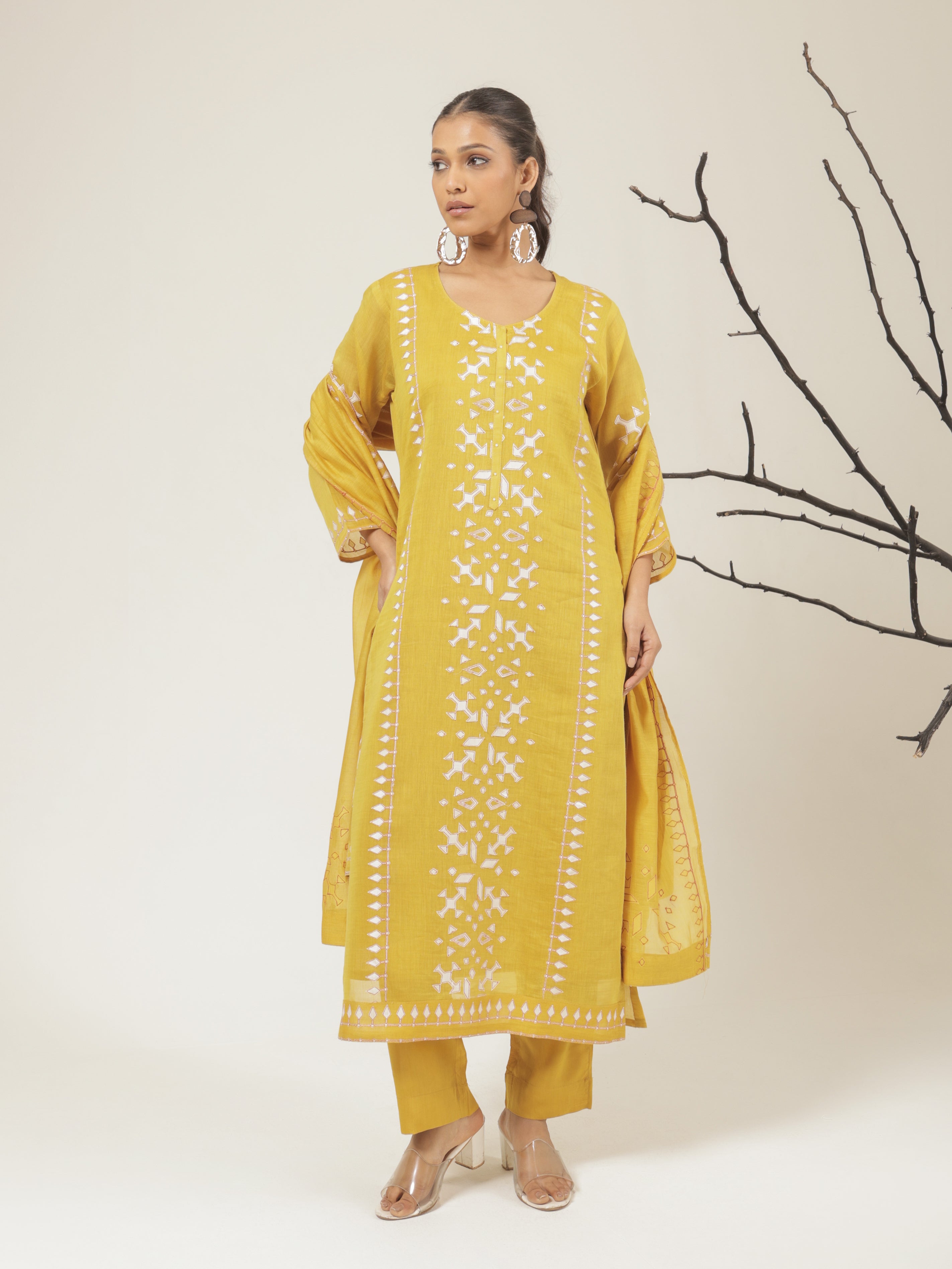 Aarya Pure Mul Chanderi Embroidered Kurta Set with Dupatta - Mustard
