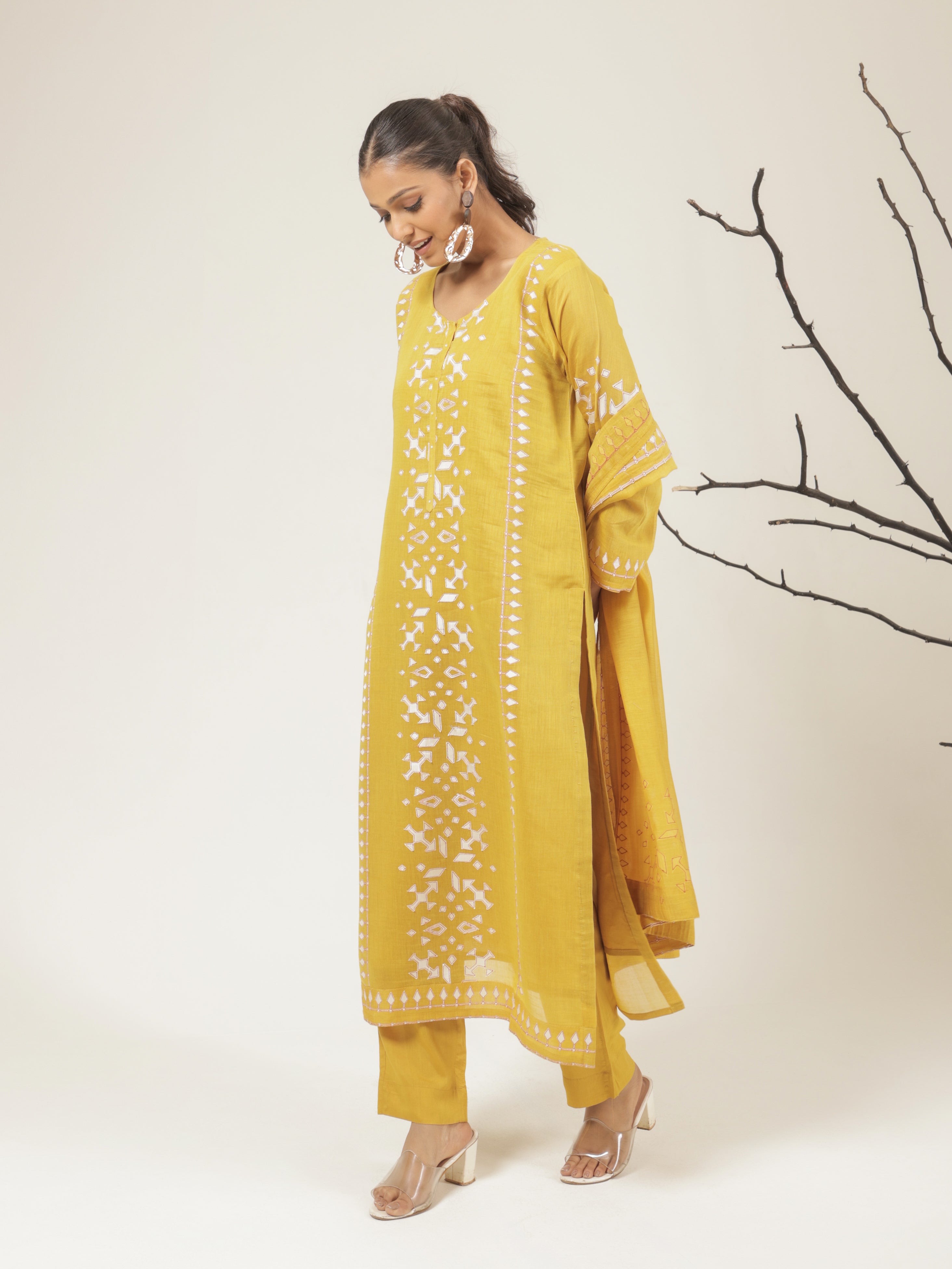 Aarya Pure Mul Chanderi Embroidered Kurta Set with Dupatta - Mustard