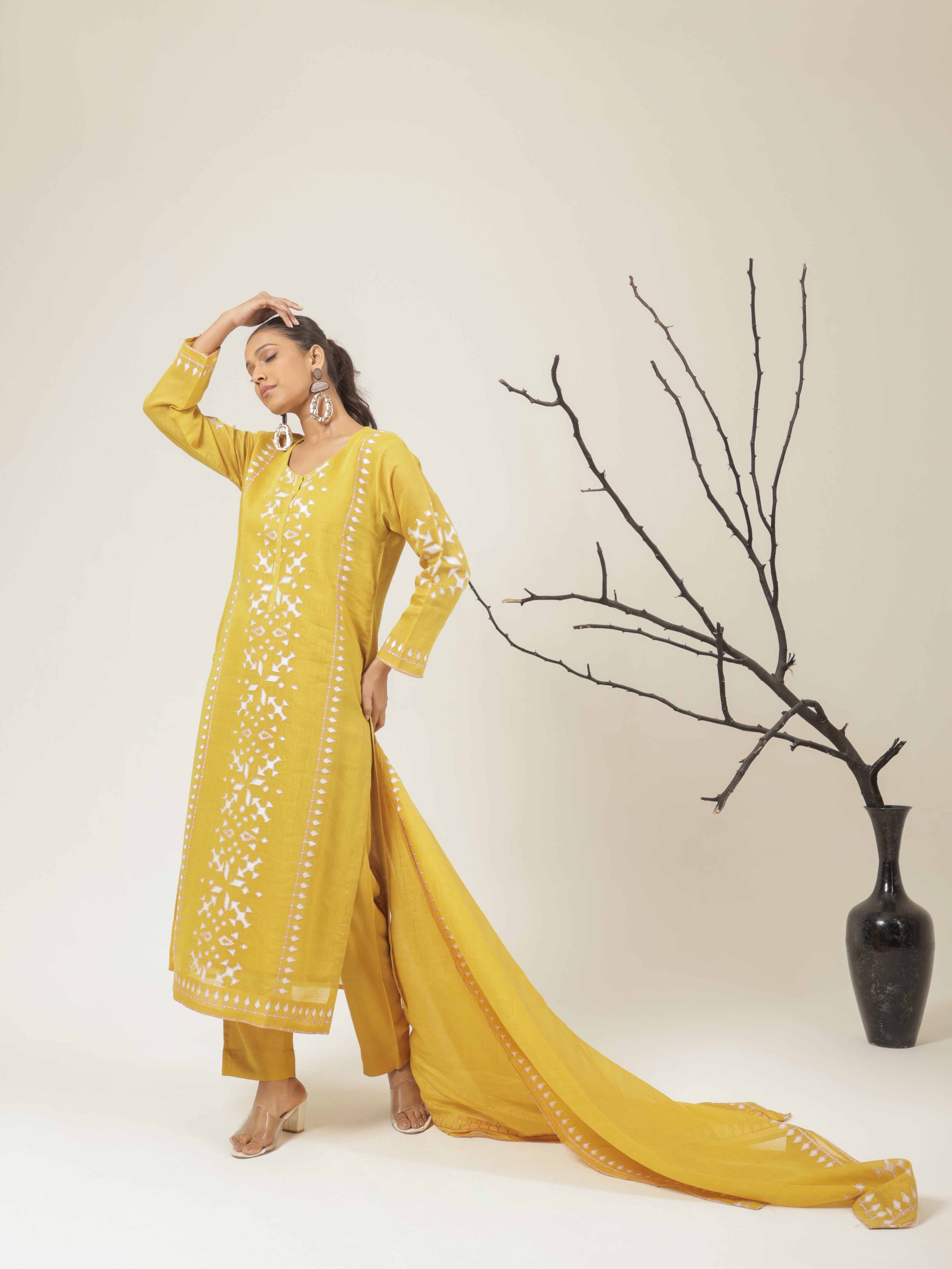 Aarya Pure Mul Chanderi Embroidered Kurta Set with Dupatta - Mustard