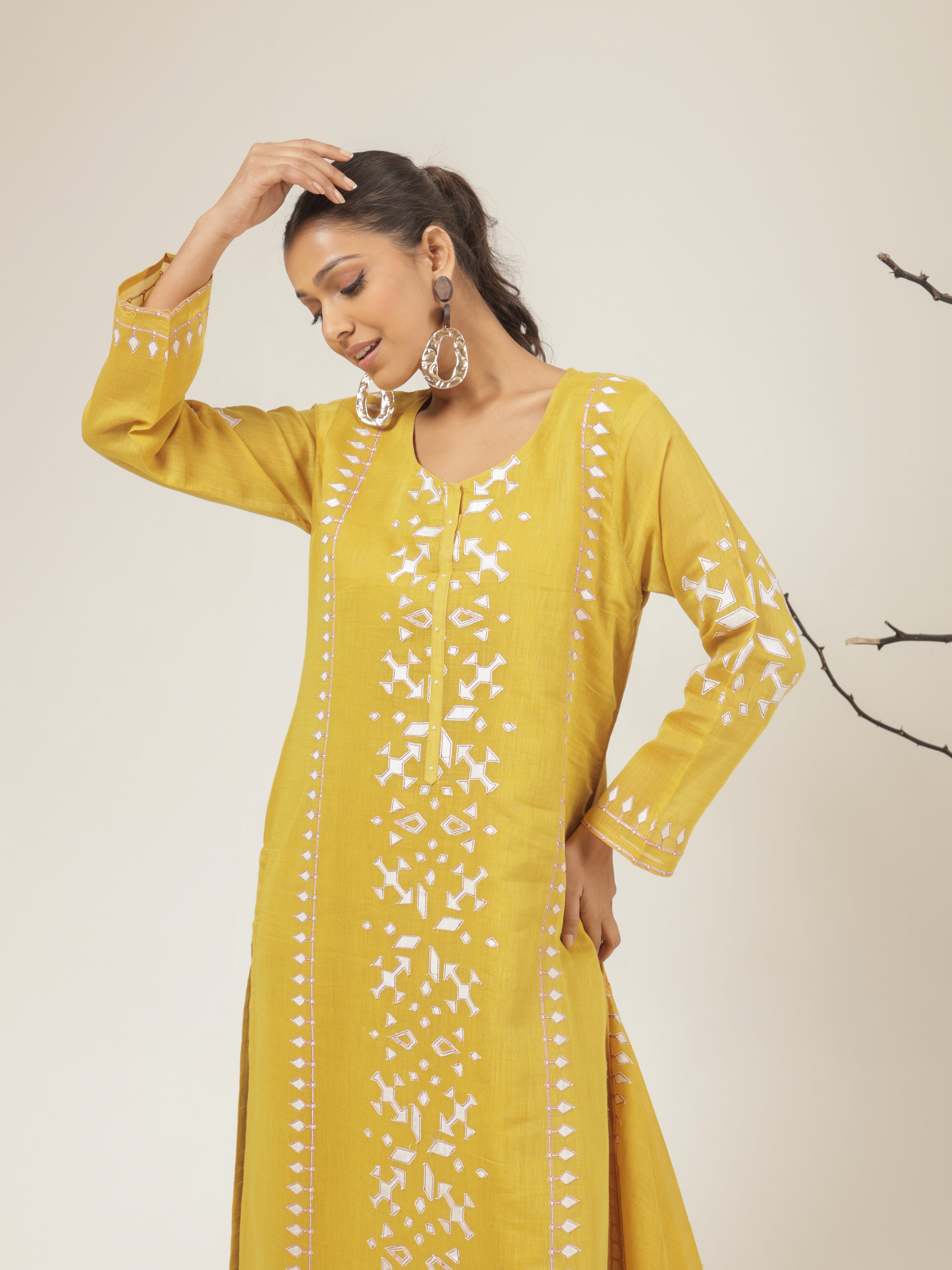 Aarya Pure Mul Chanderi Embroidered Kurta Set with Dupatta - Mustard