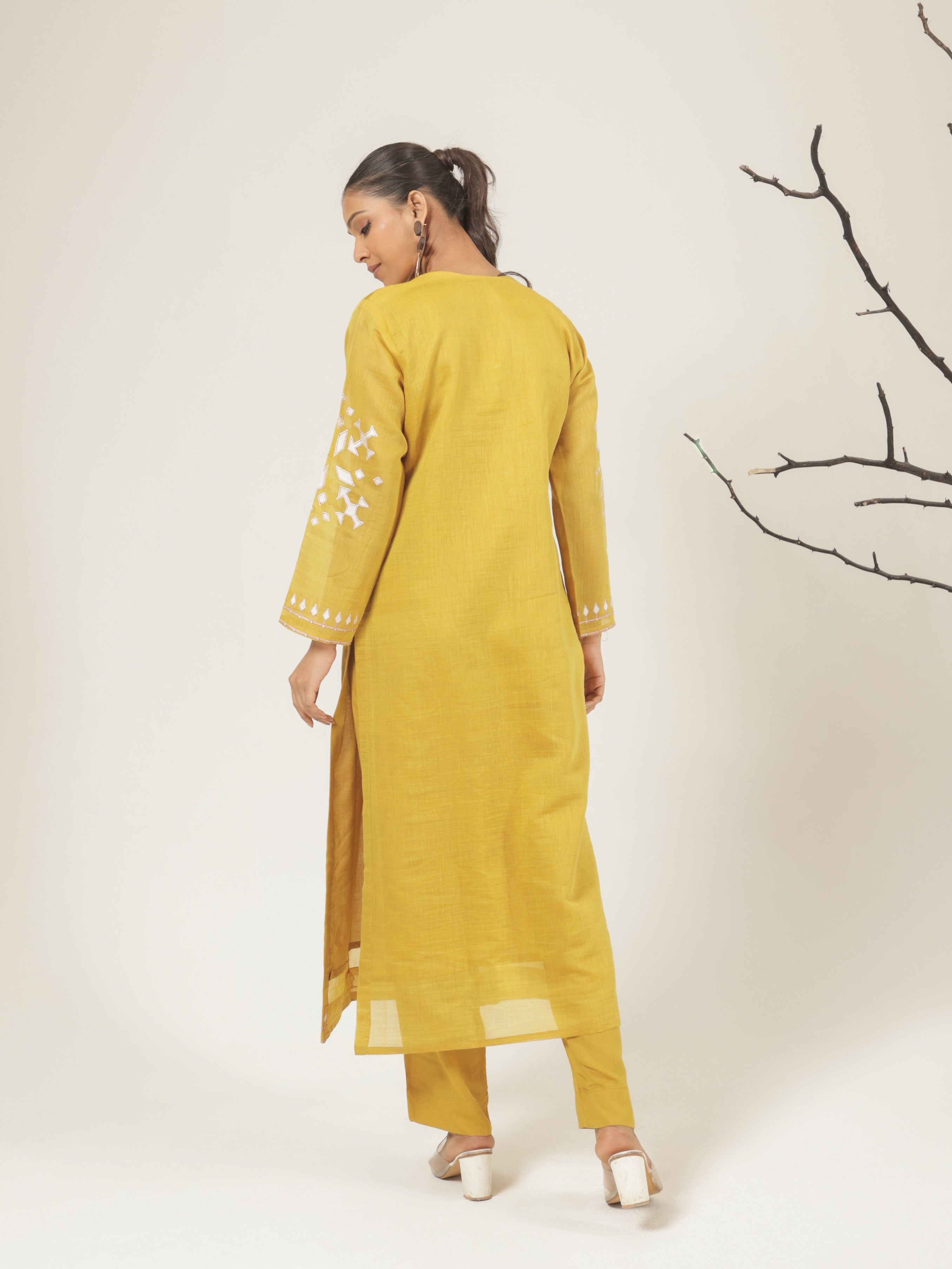 Aarya Pure Mul Chanderi Embroidered Kurta Set with Dupatta - Mustard