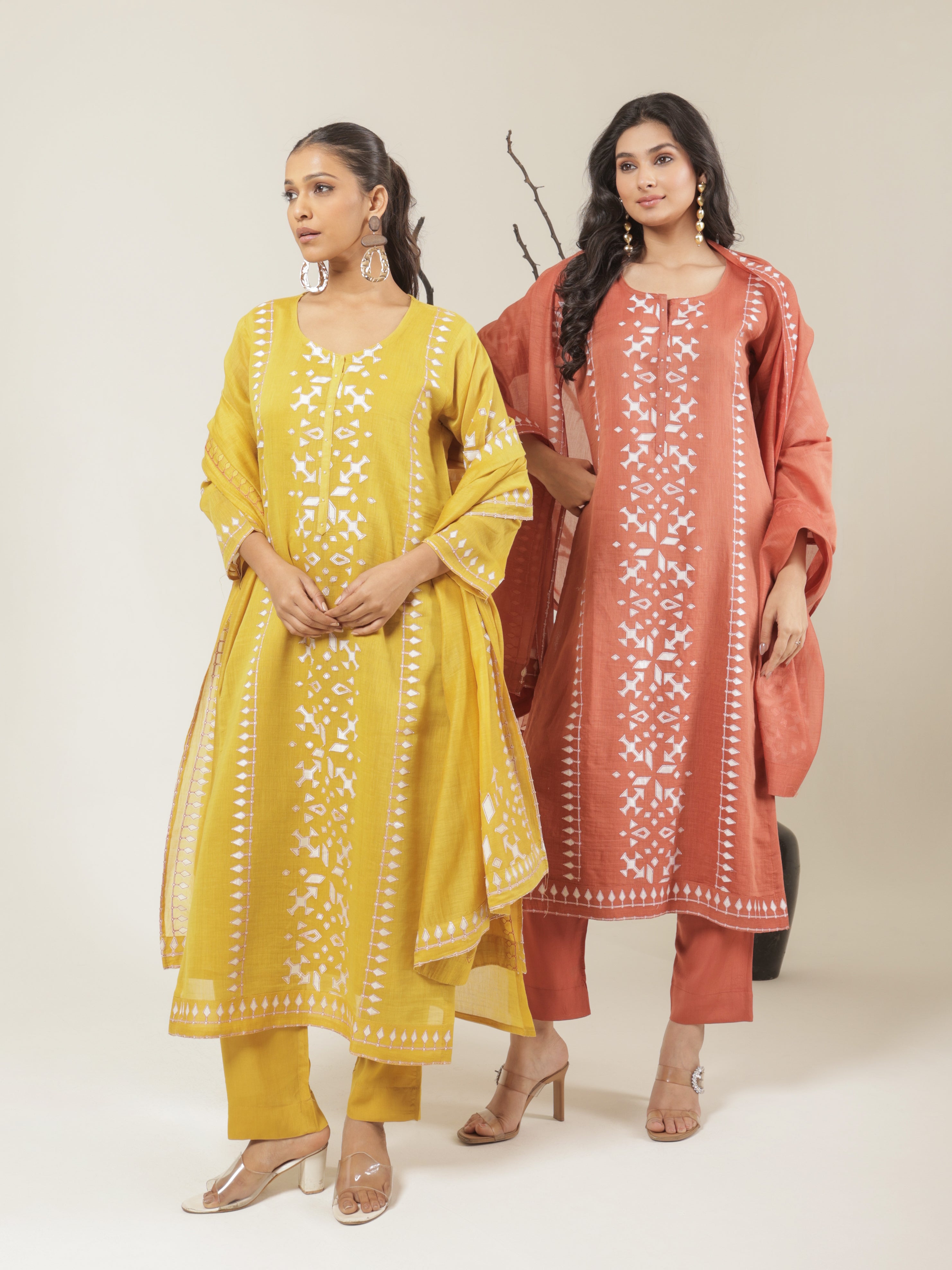 Aarya Pure Mul Chanderi Embroidered Kurta Set with Dupatta - Orange