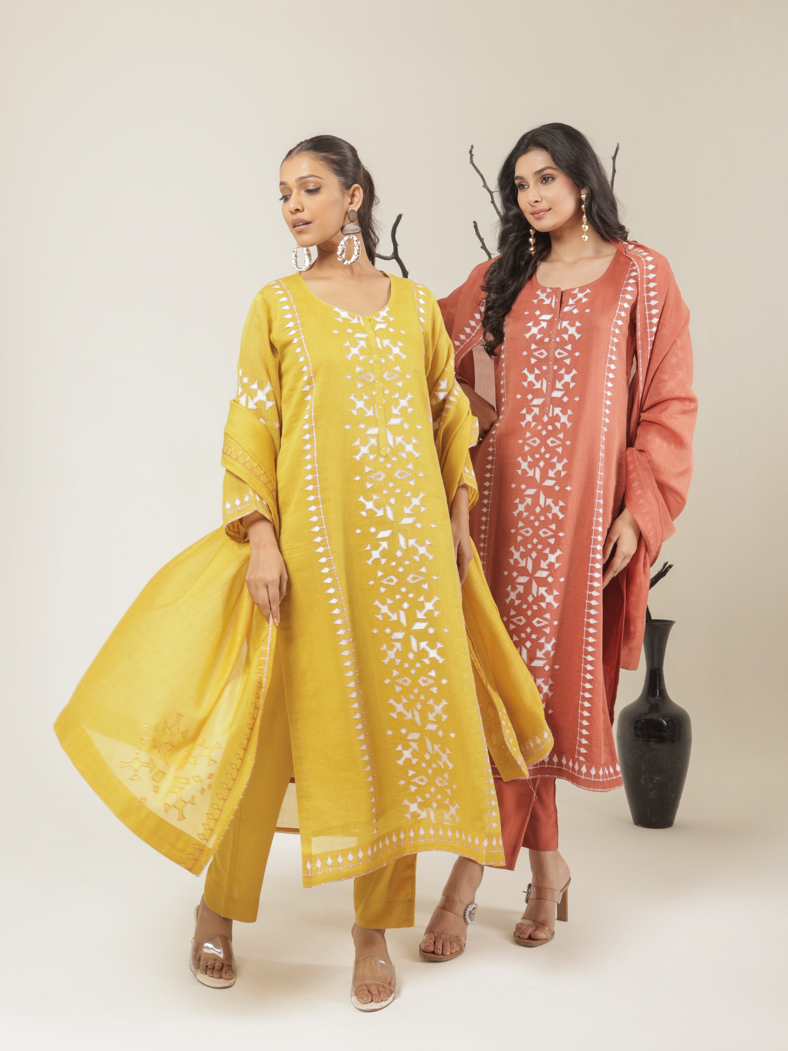 Aarya Pure Mul Chanderi Embroidered Kurta Set with Dupatta - Orange