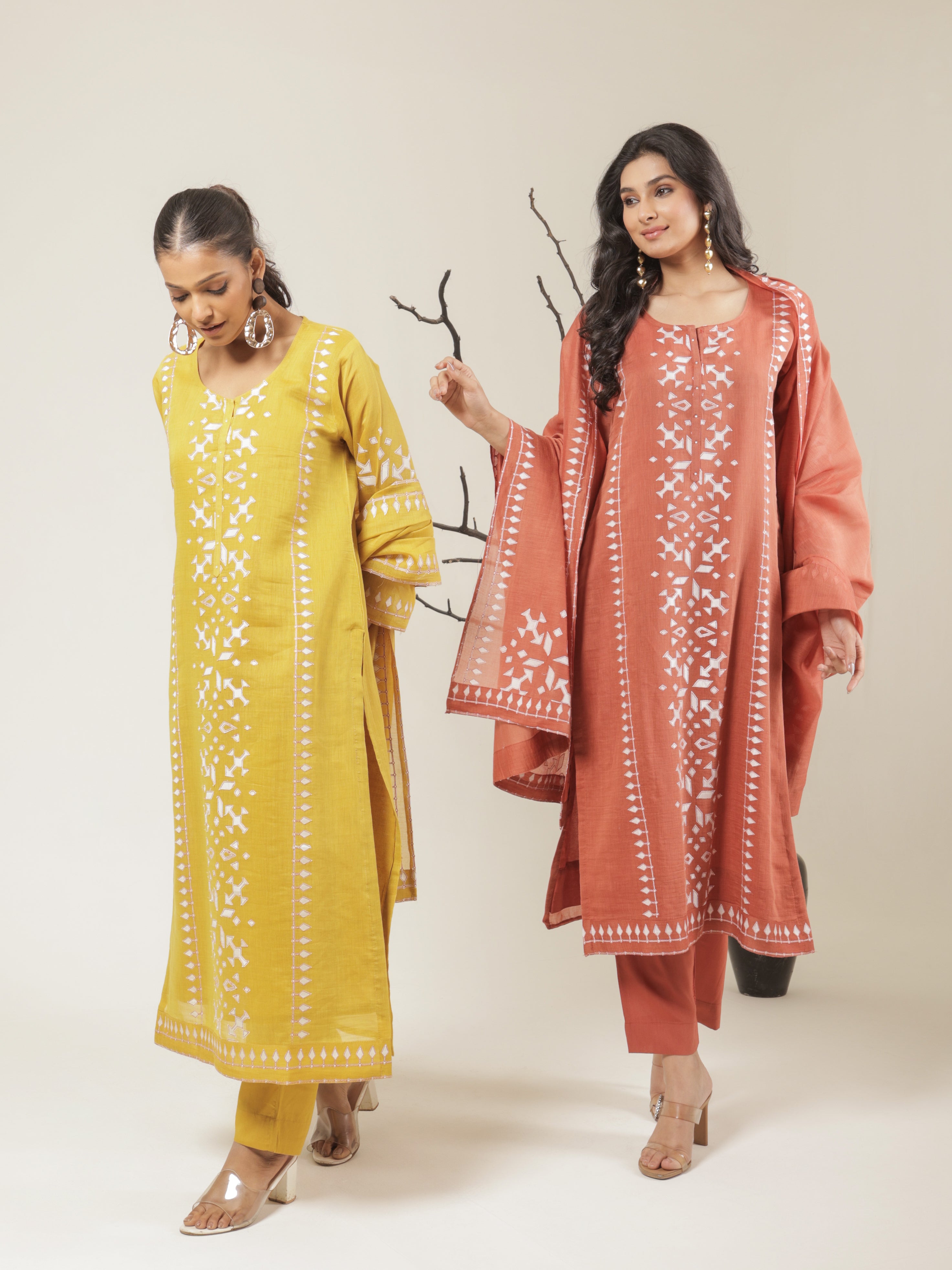 Aarya Pure Mul Chanderi Embroidered Kurta Set with Dupatta - Orange