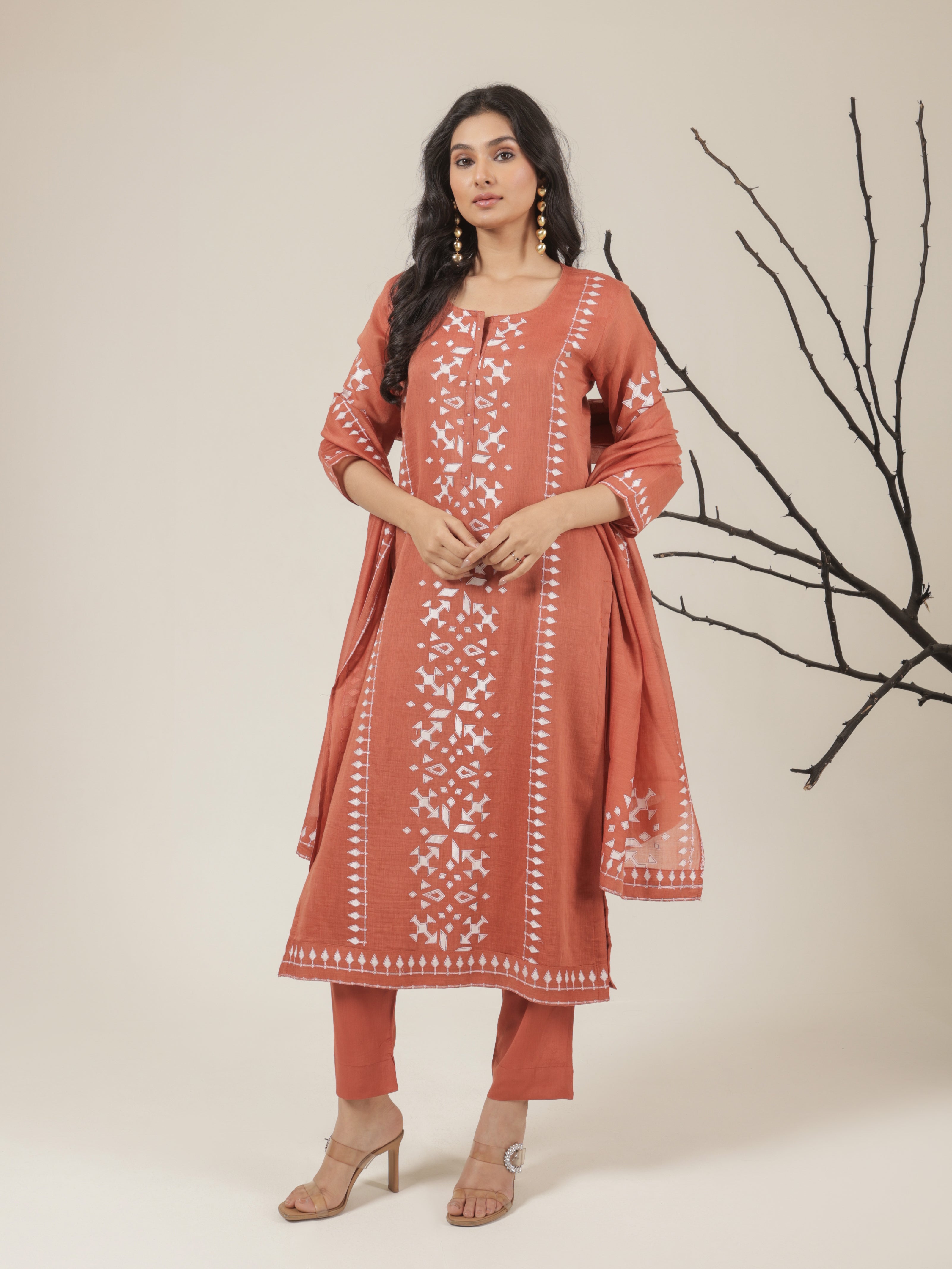 Aarya Pure Mul Chanderi Embroidered Kurta Set with Dupatta - Orange