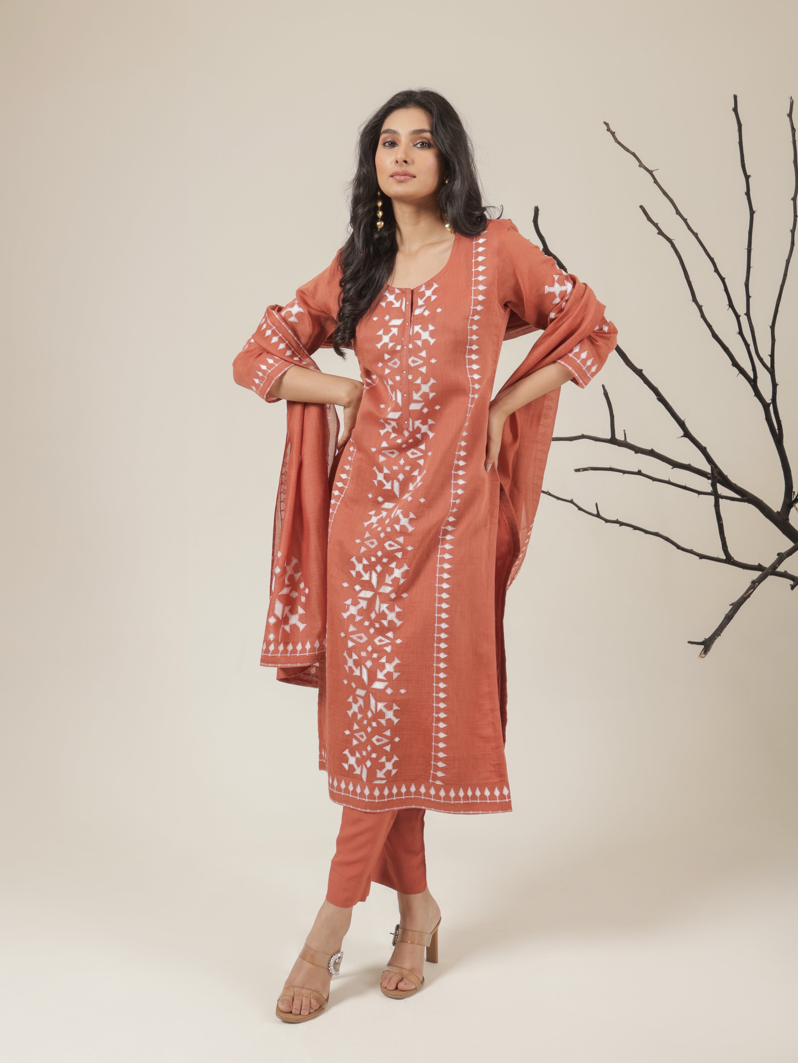 Aarya Pure Mul Chanderi Embroidered Kurta Set with Dupatta - Orange