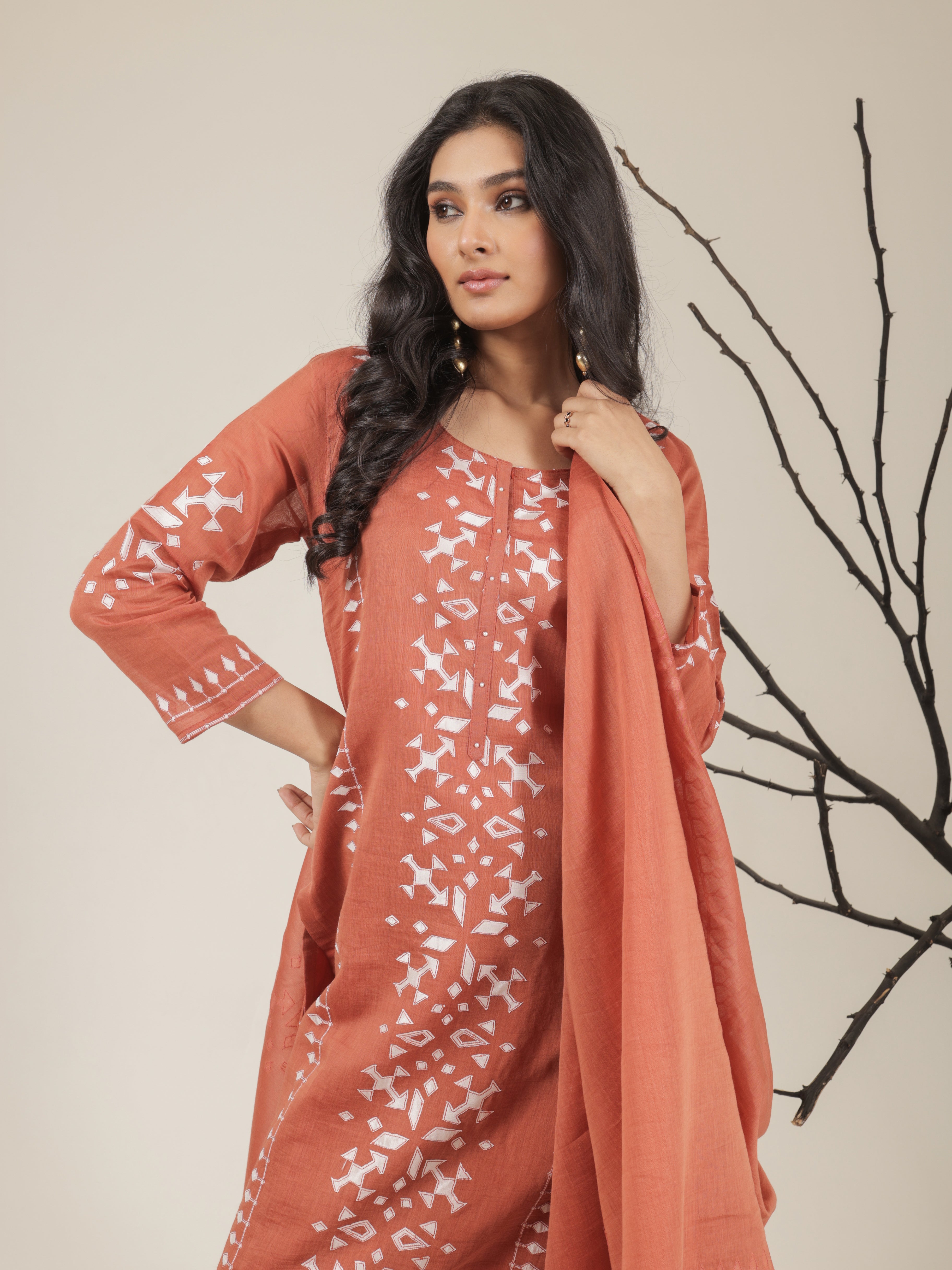 Aarya Pure Mul Chanderi Embroidered Kurta Set with Dupatta - Orange