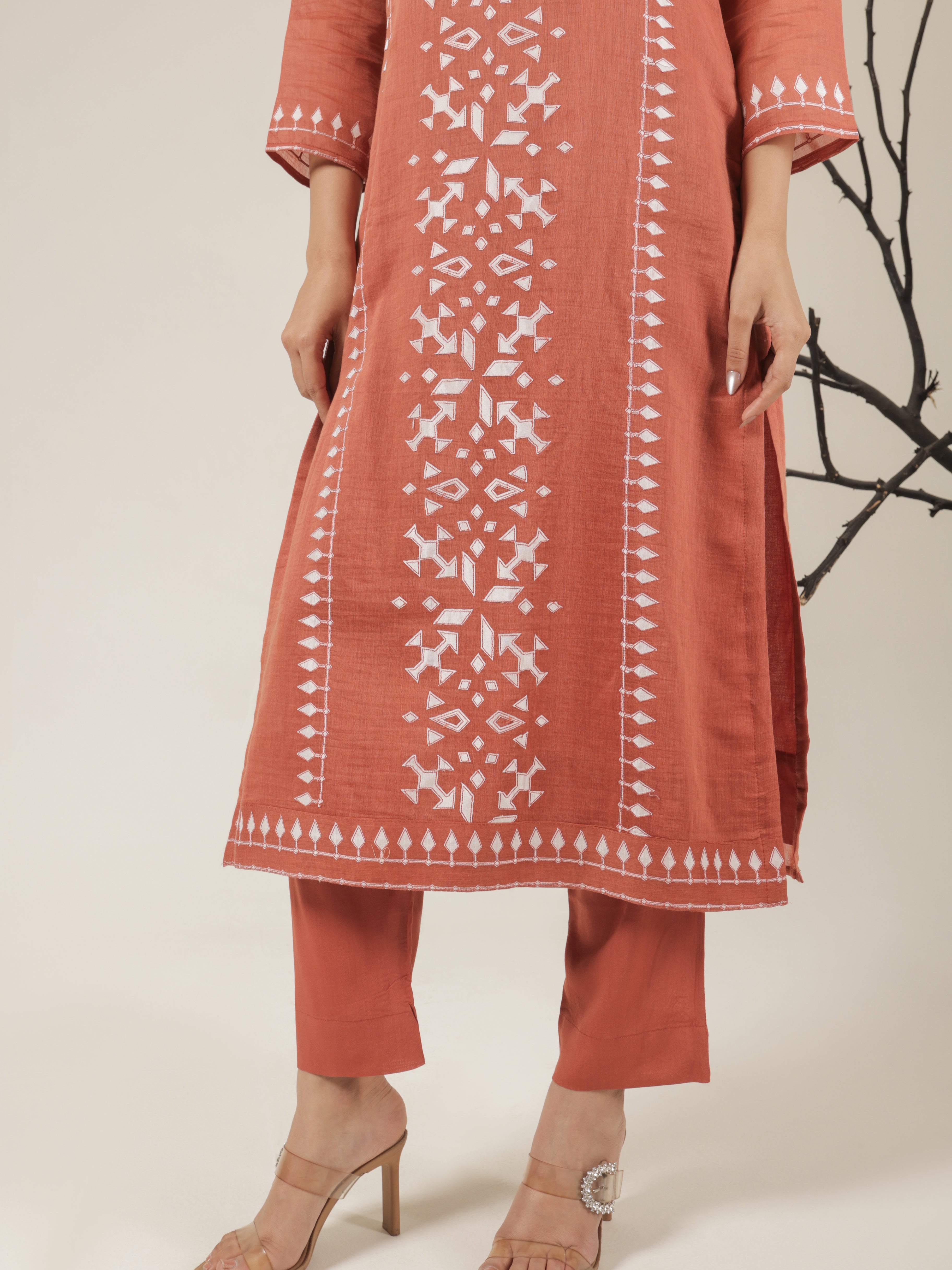 Aarya Pure Mul Chanderi Embroidered Kurta Set with Dupatta - Orange