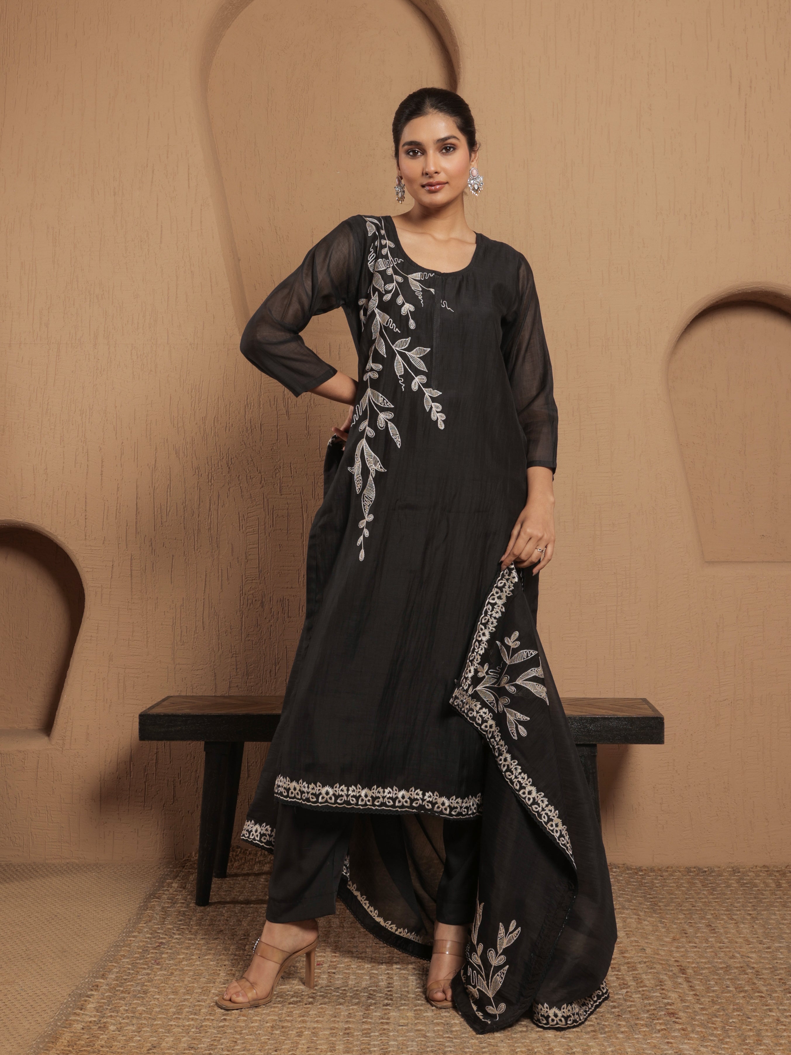 Ruhani Pure Mul Chanderi Embroidered Kurta Set with Dupatta - Black