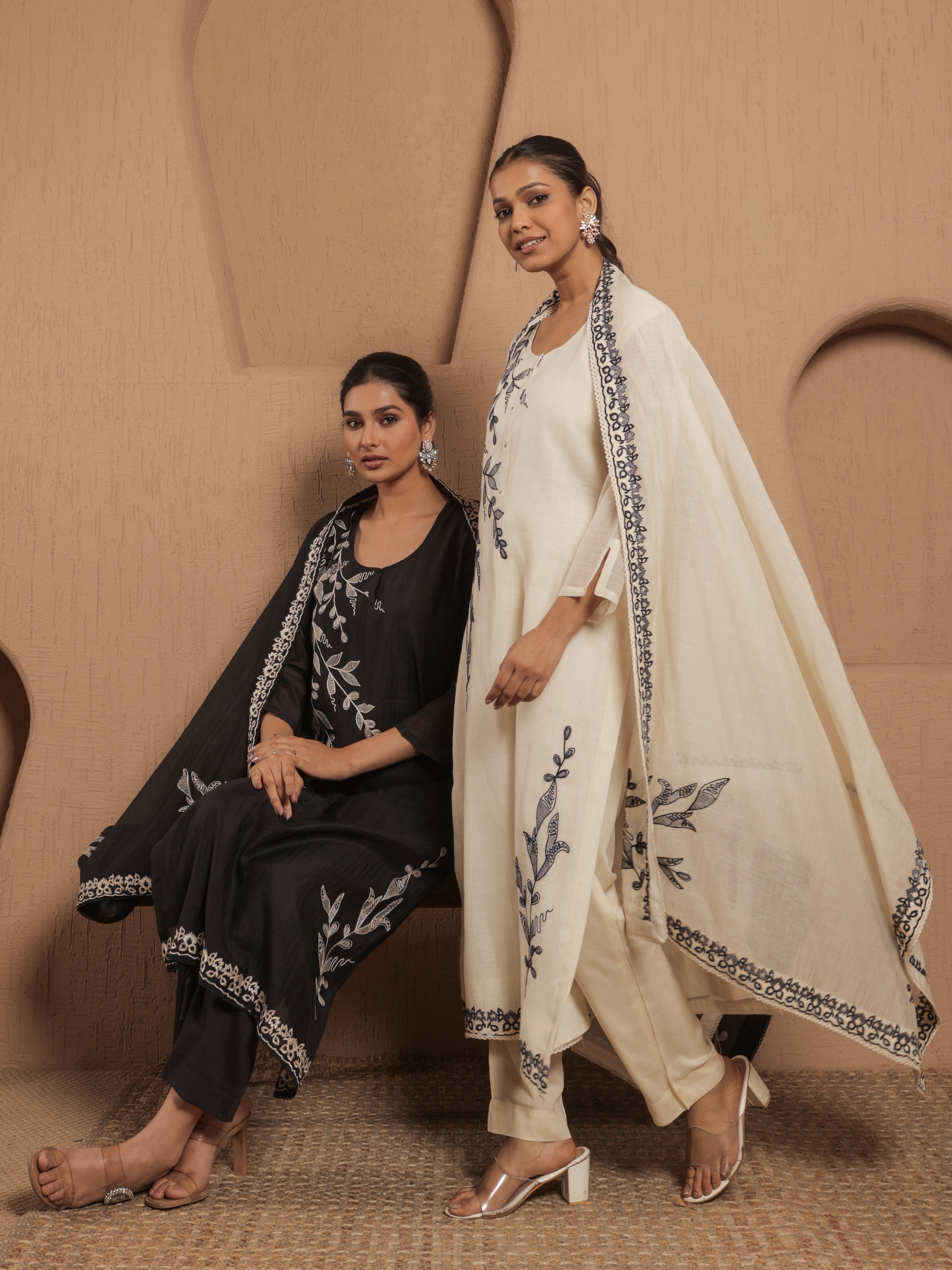 Ruhani Pure Mul Chanderi Embroidered Kurta Set with Dupatta - Ivory