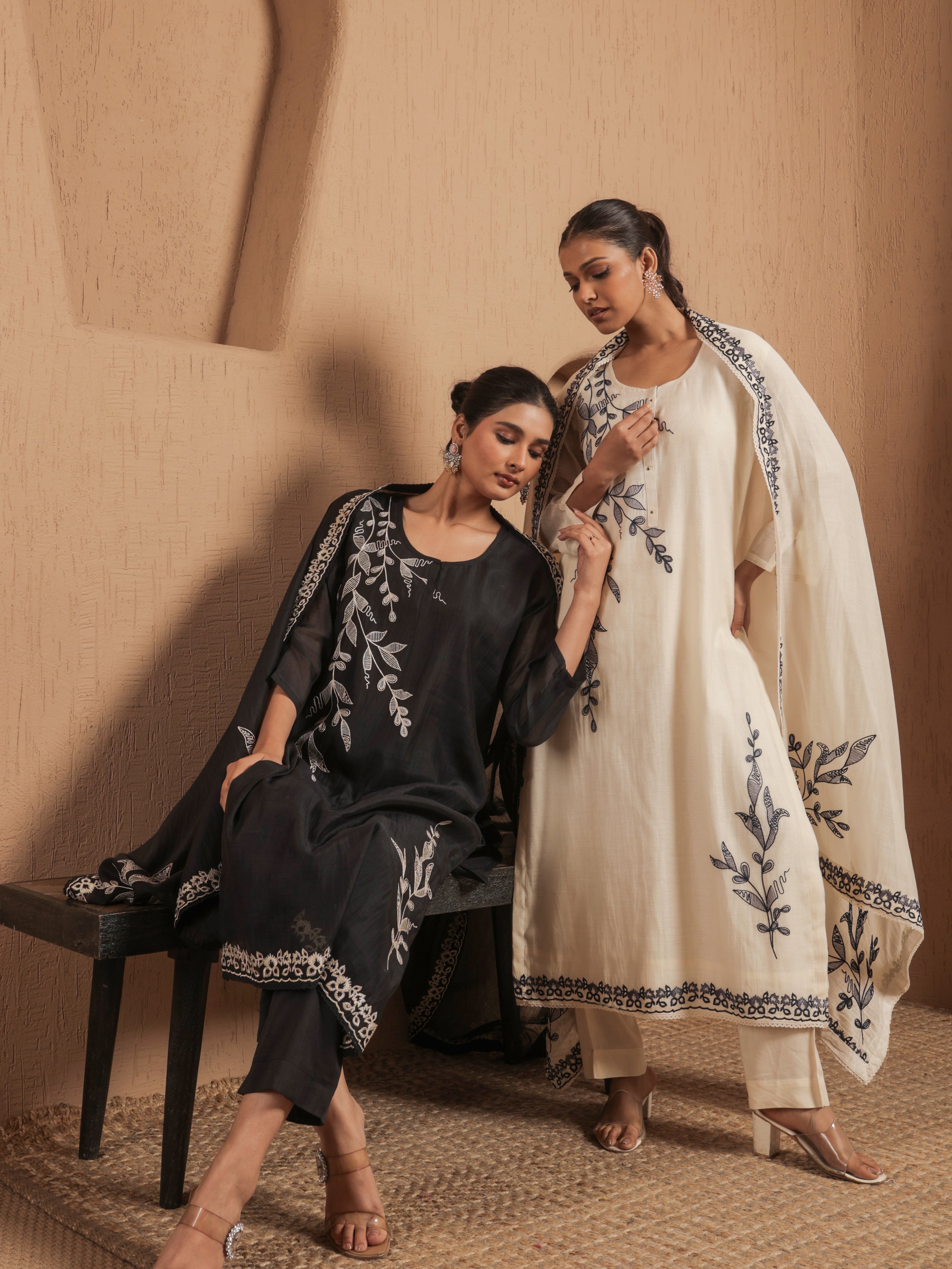 Ruhani Pure Mul Chanderi Embroidered Kurta Set with Dupatta - Ivory