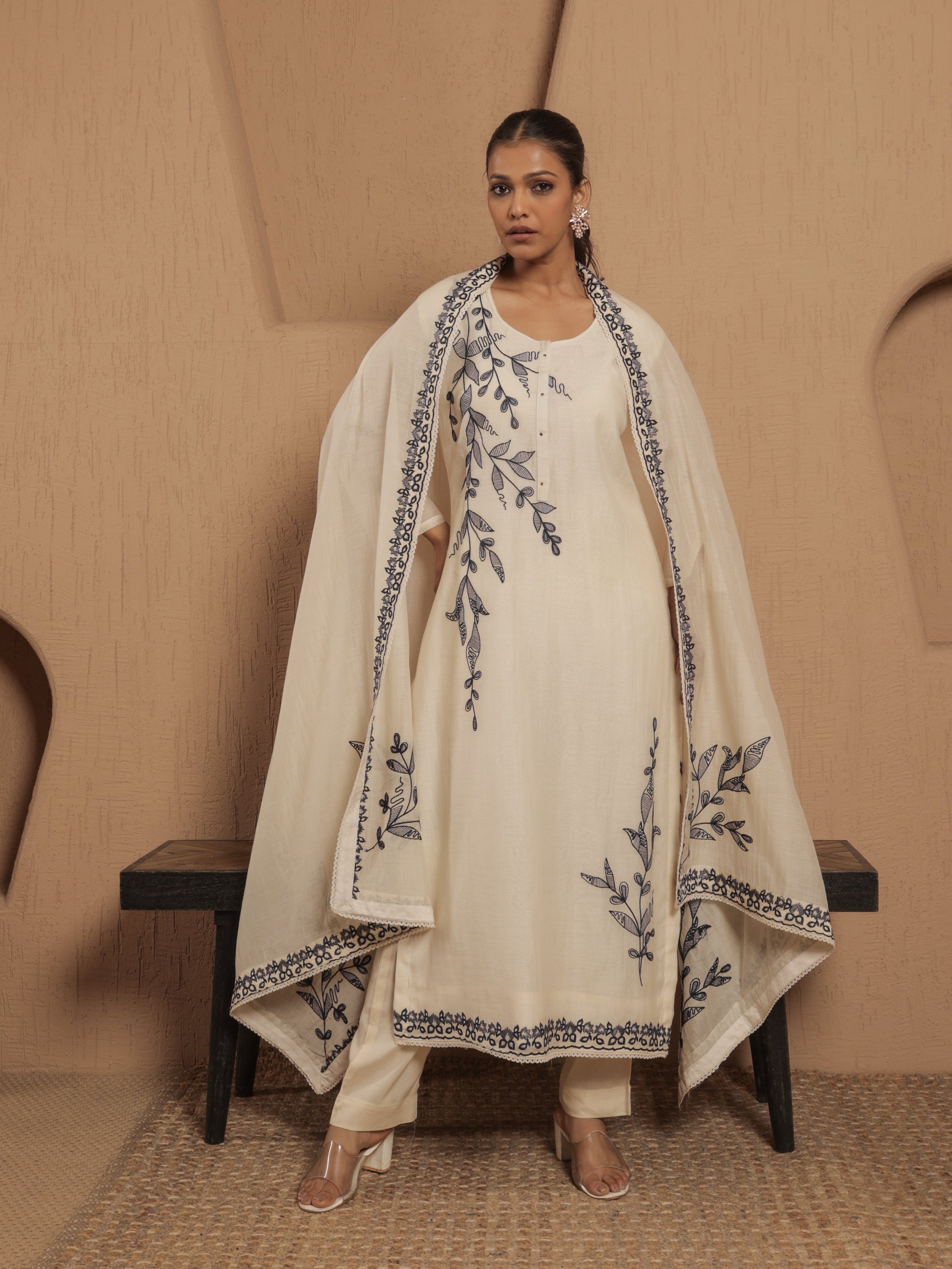 Ruhani Pure Mul Chanderi Embroidered Kurta Set with Dupatta - Ivory