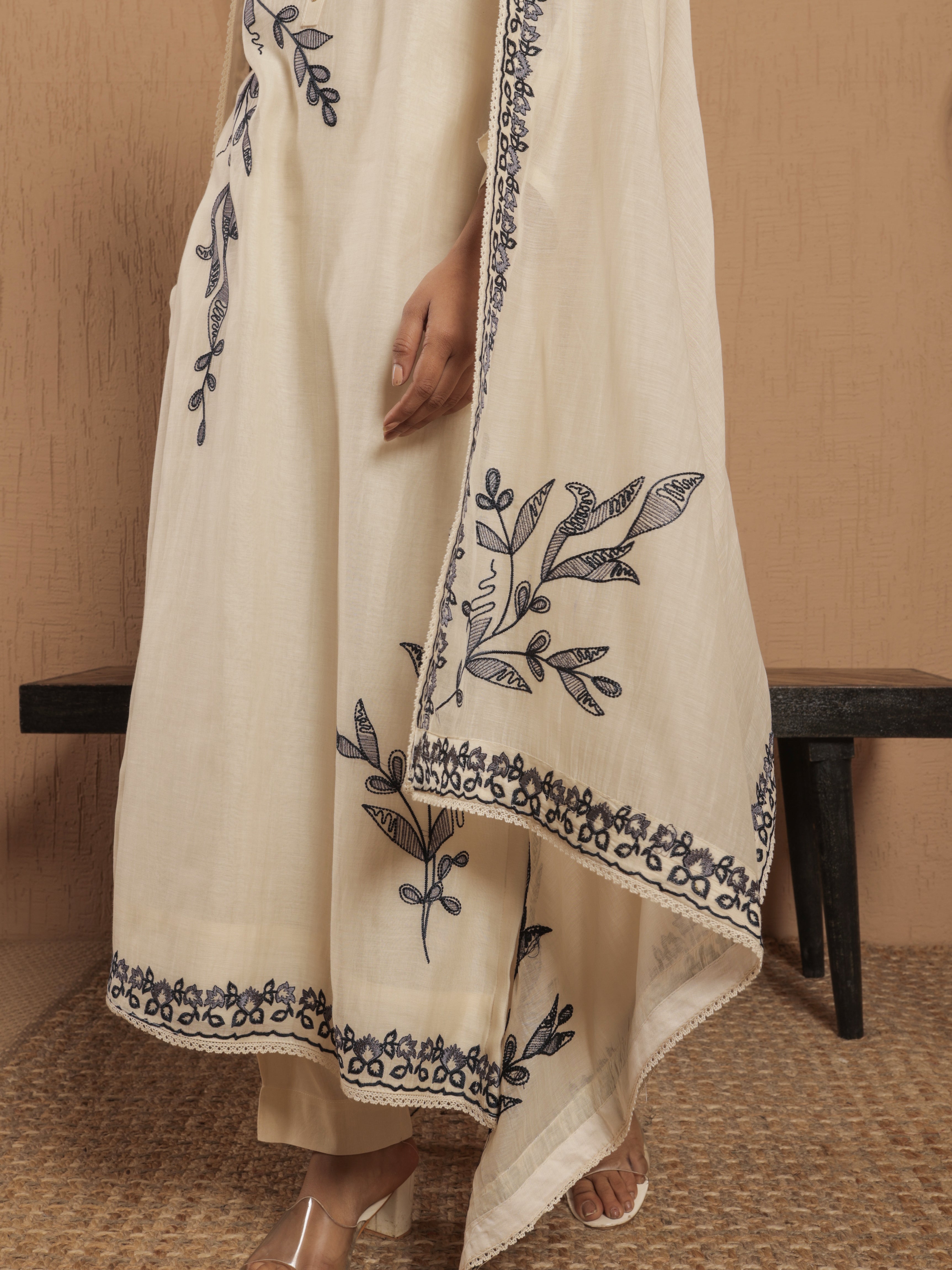 Ruhani Pure Mul Chanderi Embroidered Kurta Set with Dupatta - Ivory
