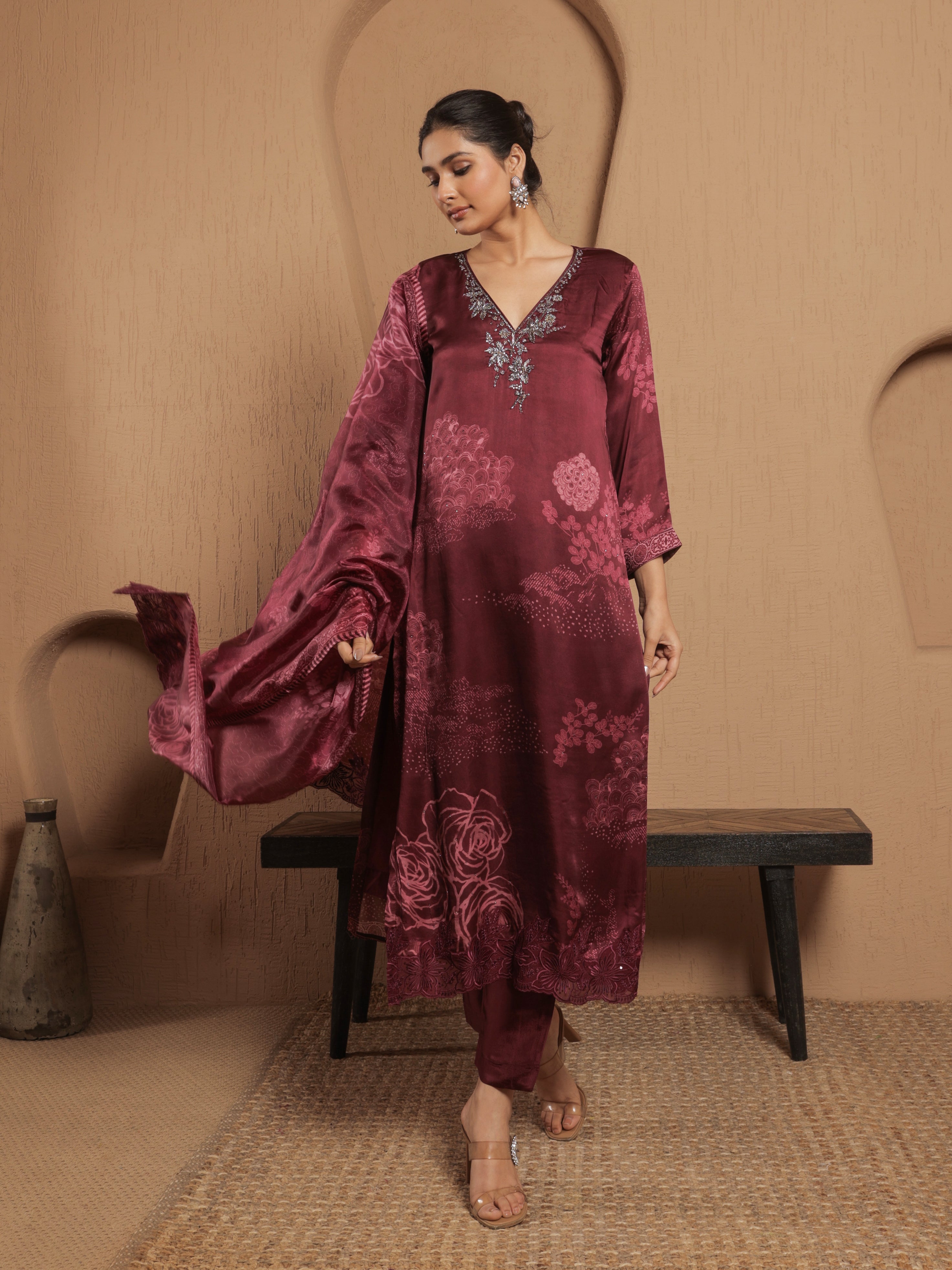 Afreen Satin Printed Kurta Set with Dupatta - Wine