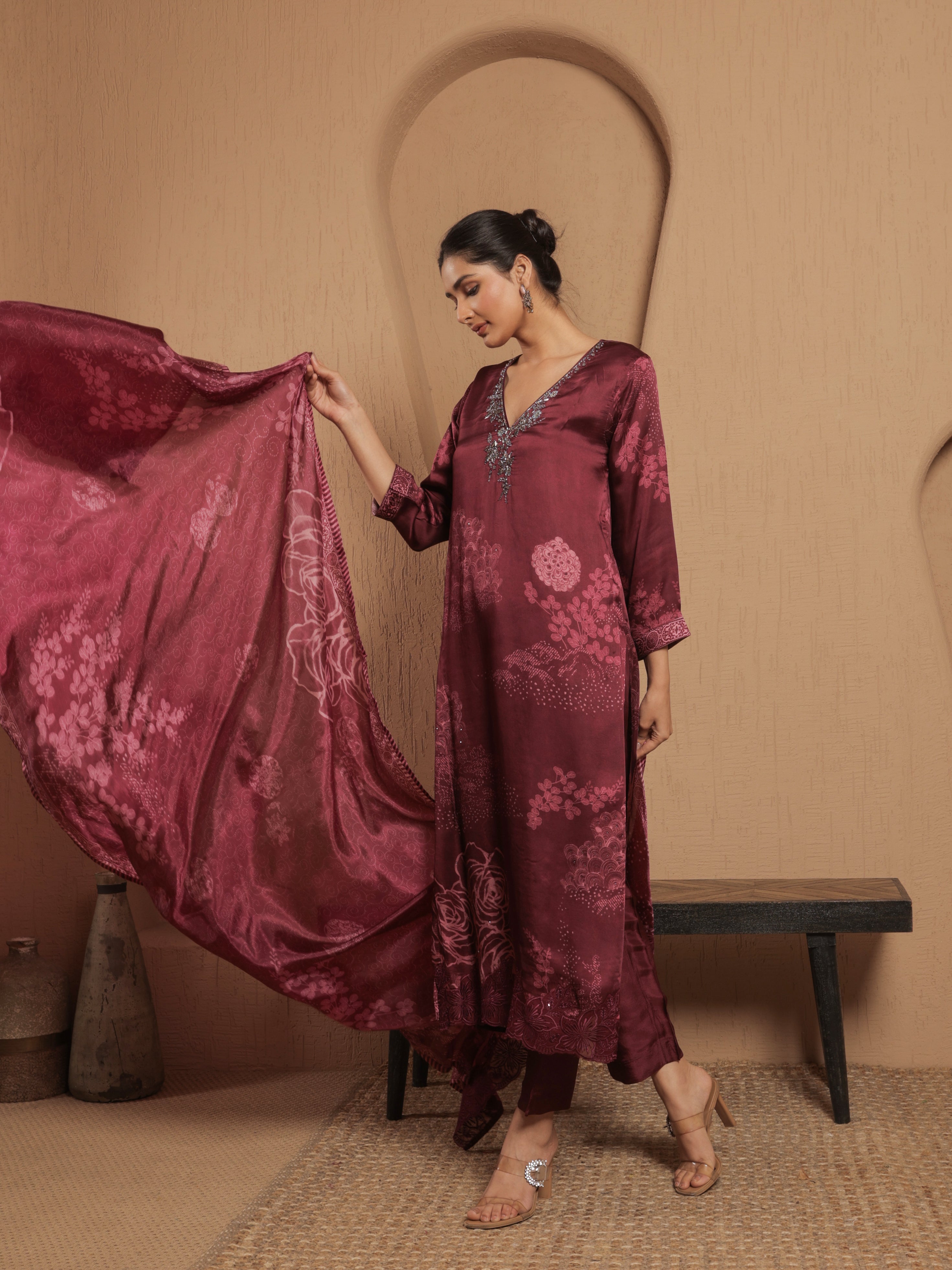 Afreen Satin Printed Kurta Set with Dupatta - Wine