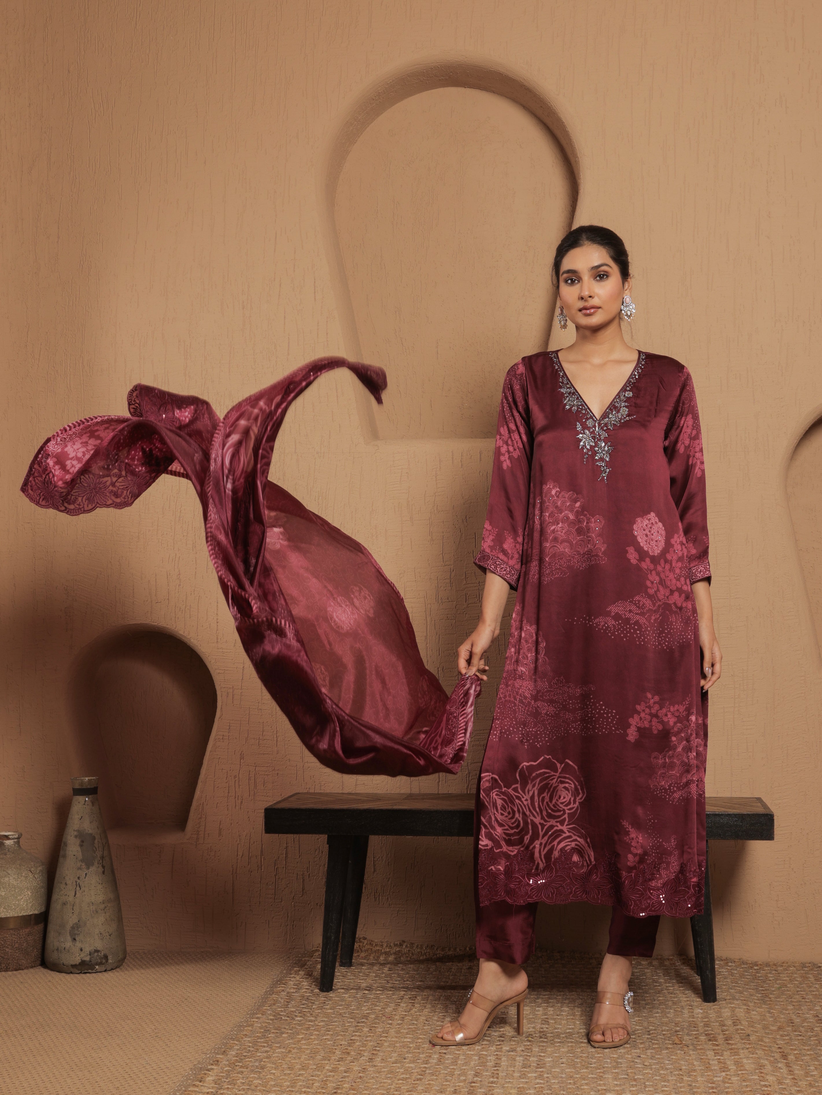 Afreen Satin Printed Kurta Set with Dupatta - Wine