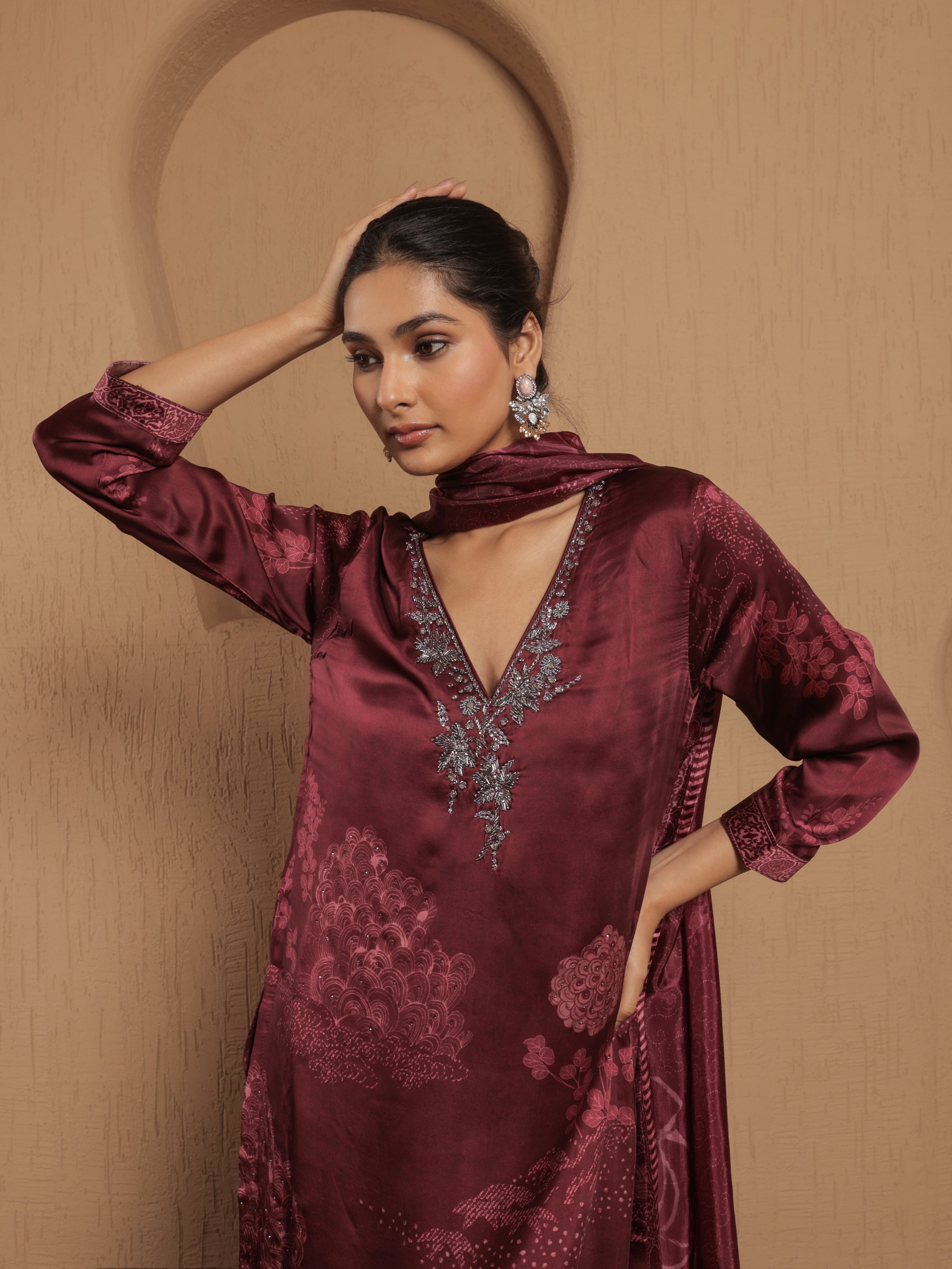 Afreen Satin Printed Kurta Set with Dupatta - Wine