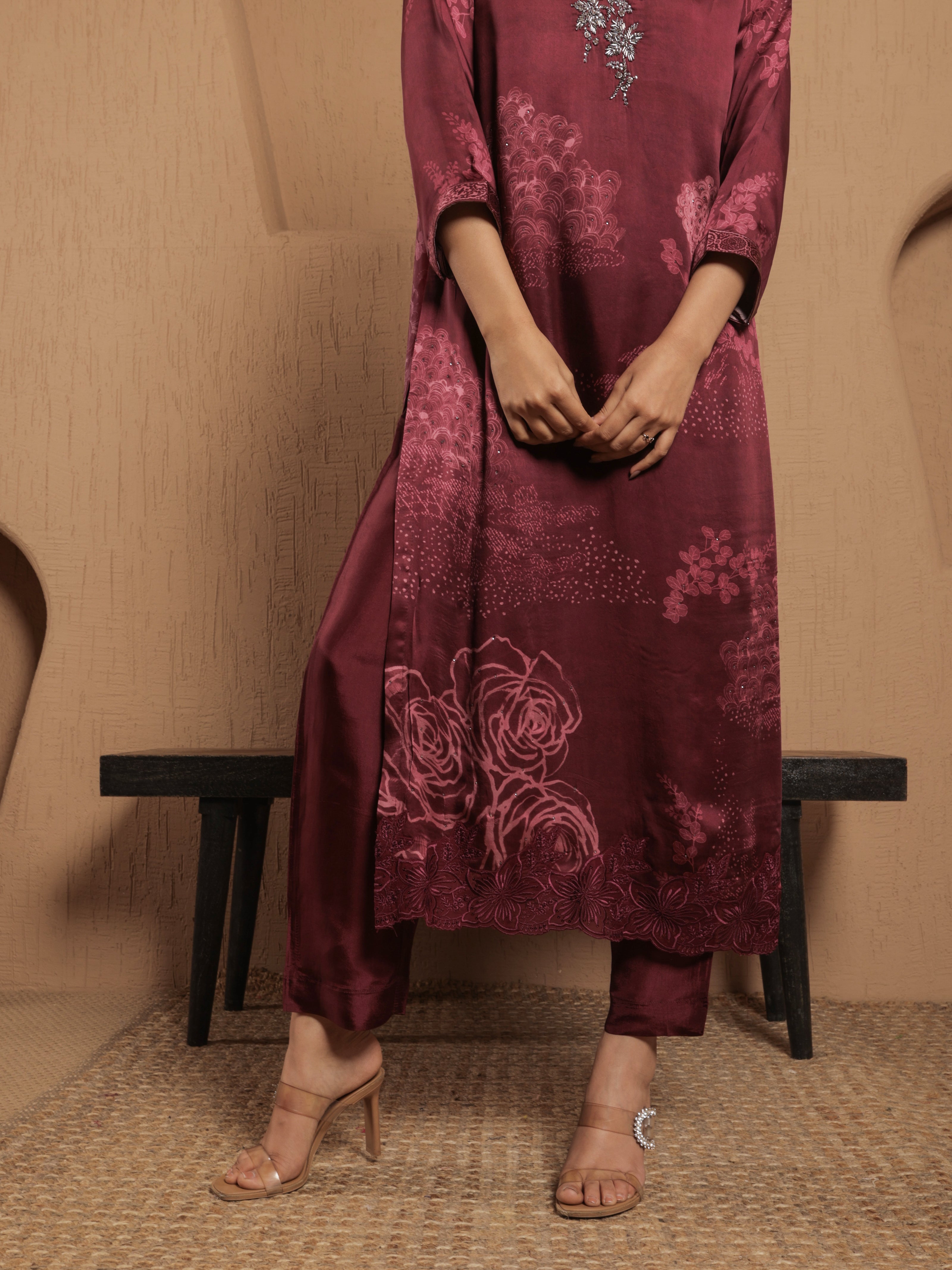 Afreen Satin Printed Kurta Set with Dupatta - Wine