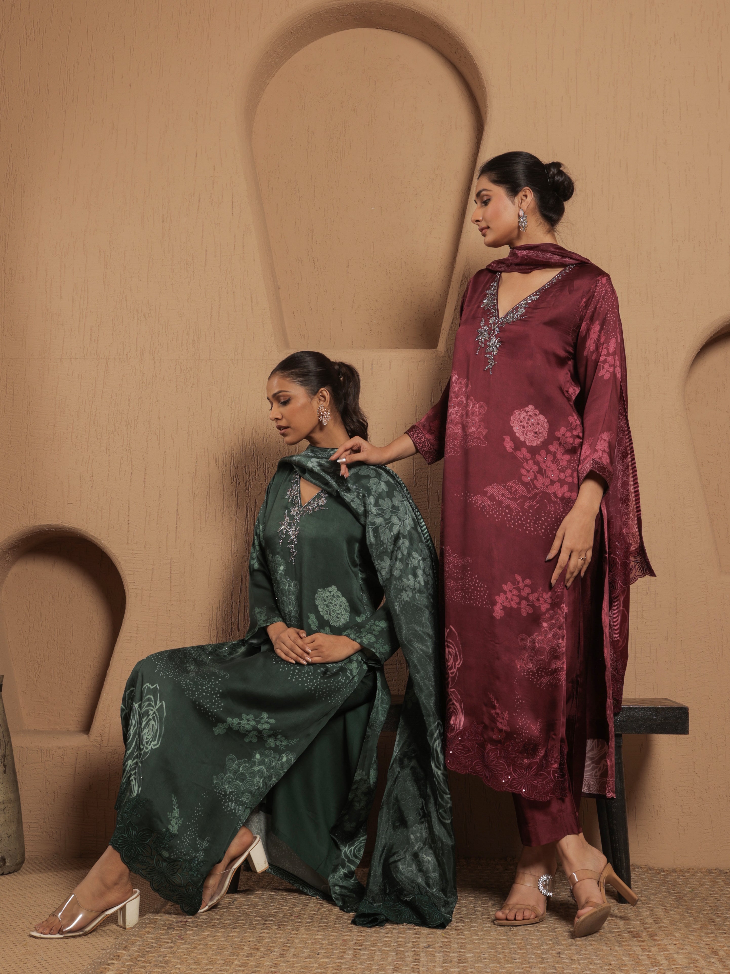 Afreen Satin Printed Kurta Set with Dupatta - Wine