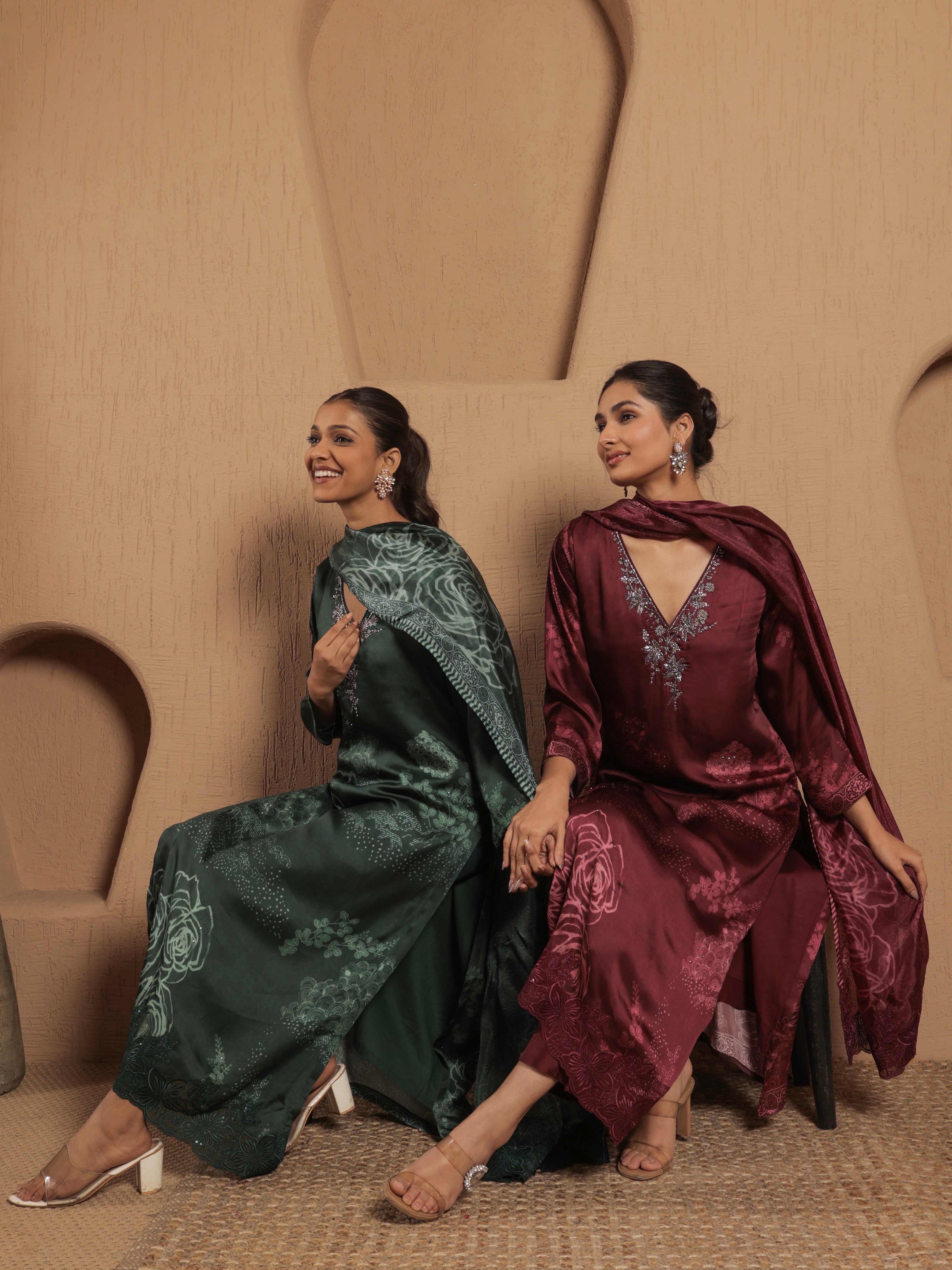 Afreen Satin Printed Kurta Set with Dupatta - Wine