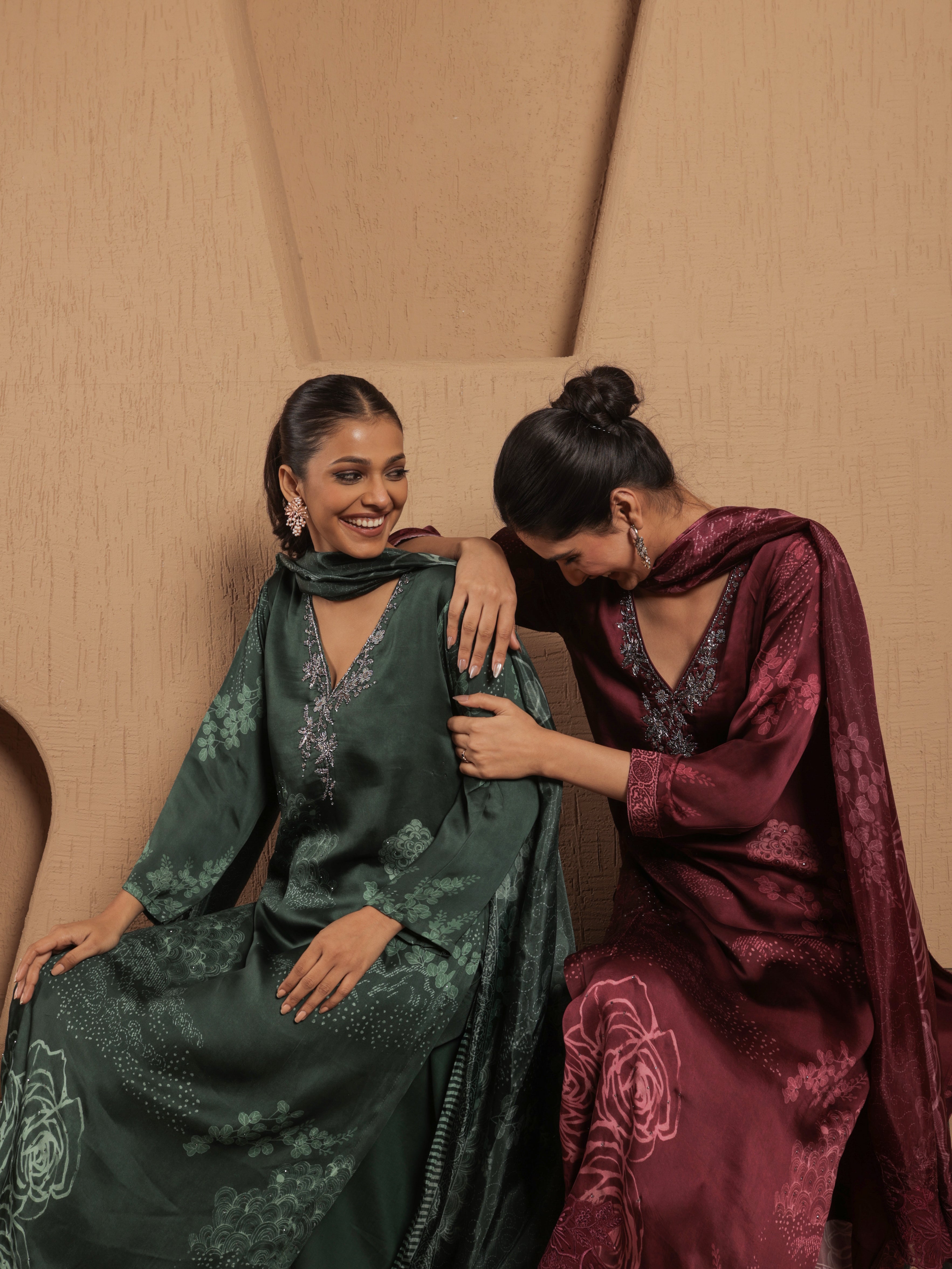 Afreen Satin Printed Kurta Set with Dupatta - Wine