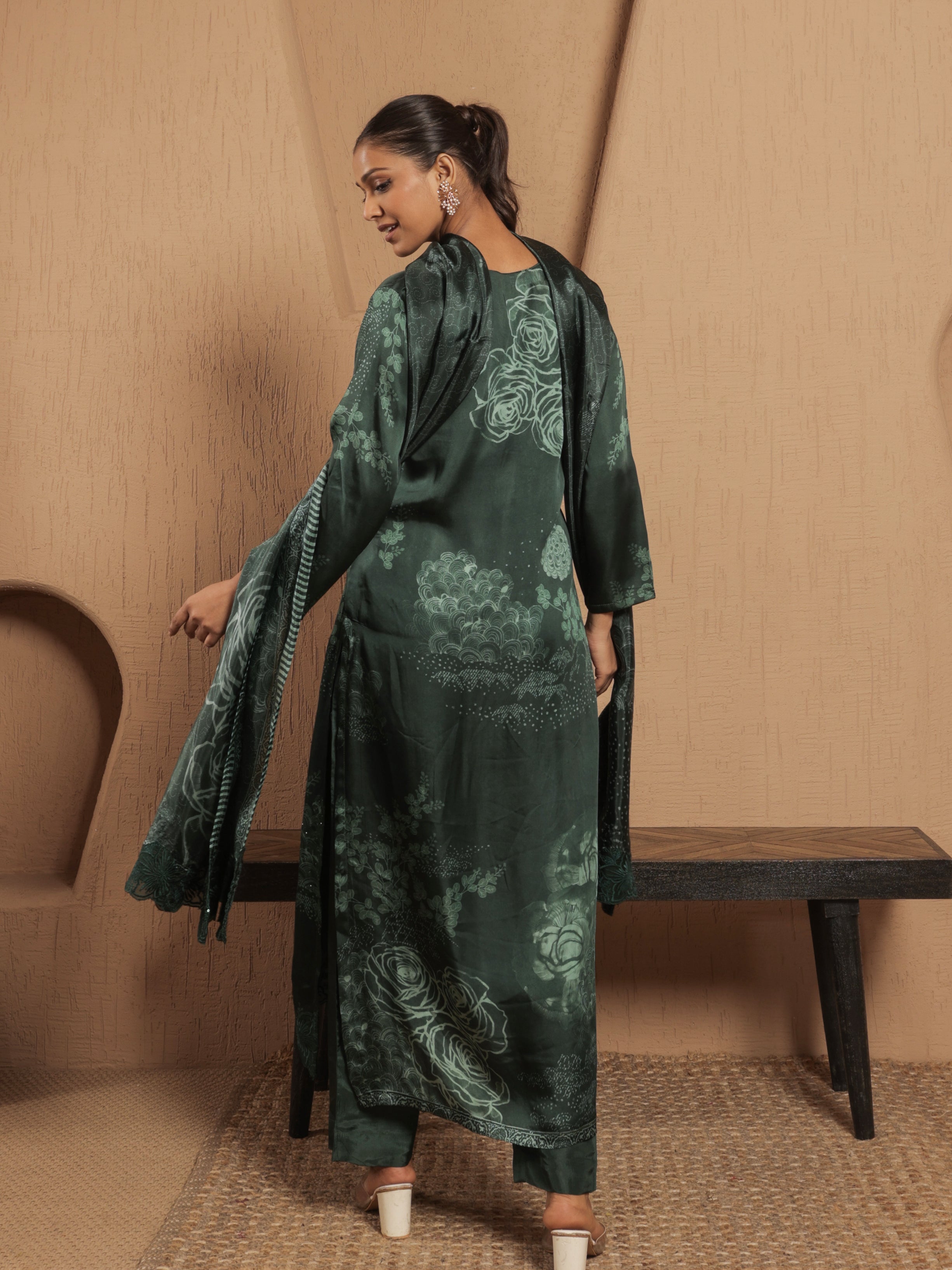 Afreen Satin Printed Kurta Set with Dupatta- Emerald Green