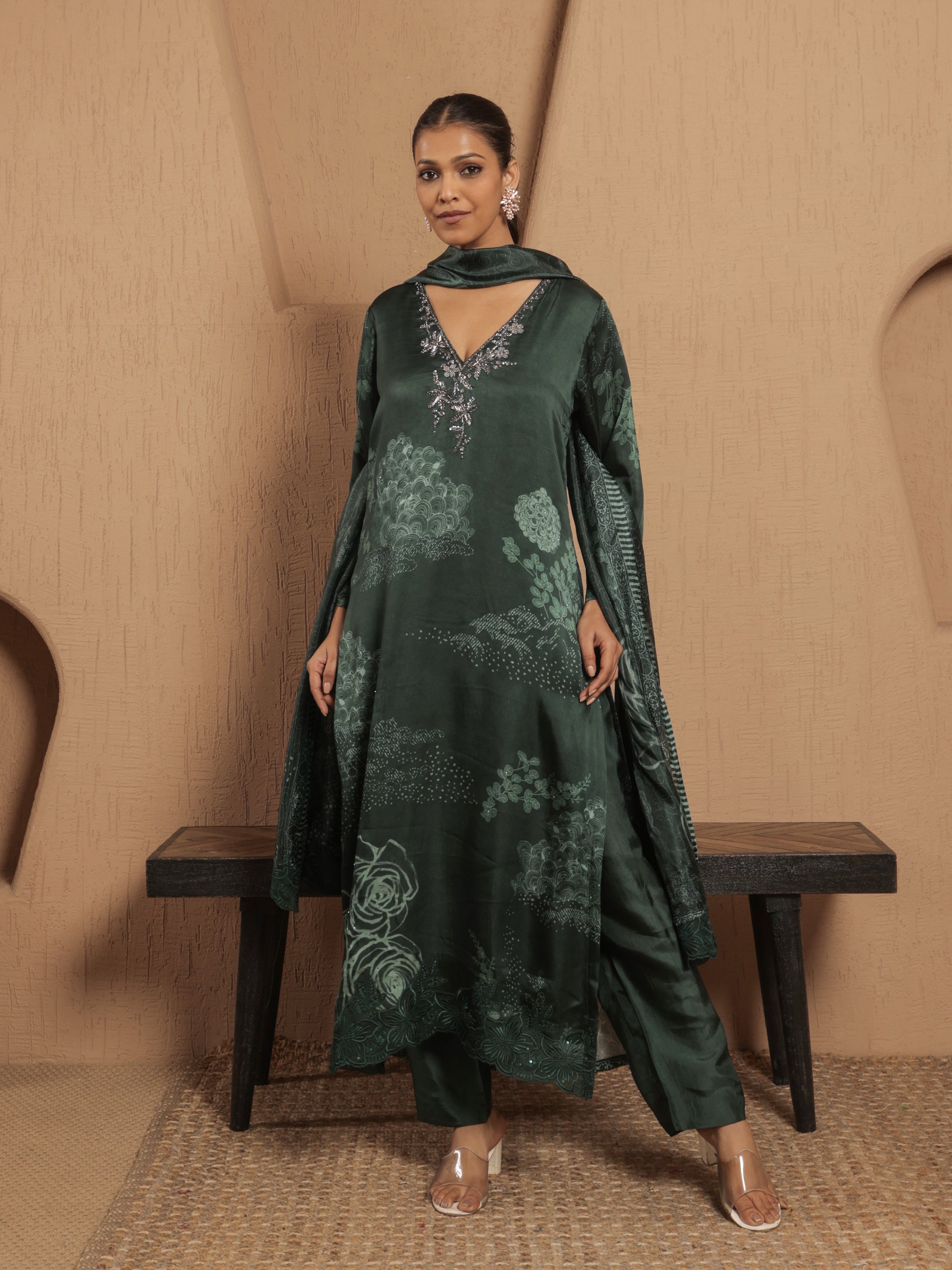 Afreen Satin Printed Kurta Set with Dupatta- Emerald Green