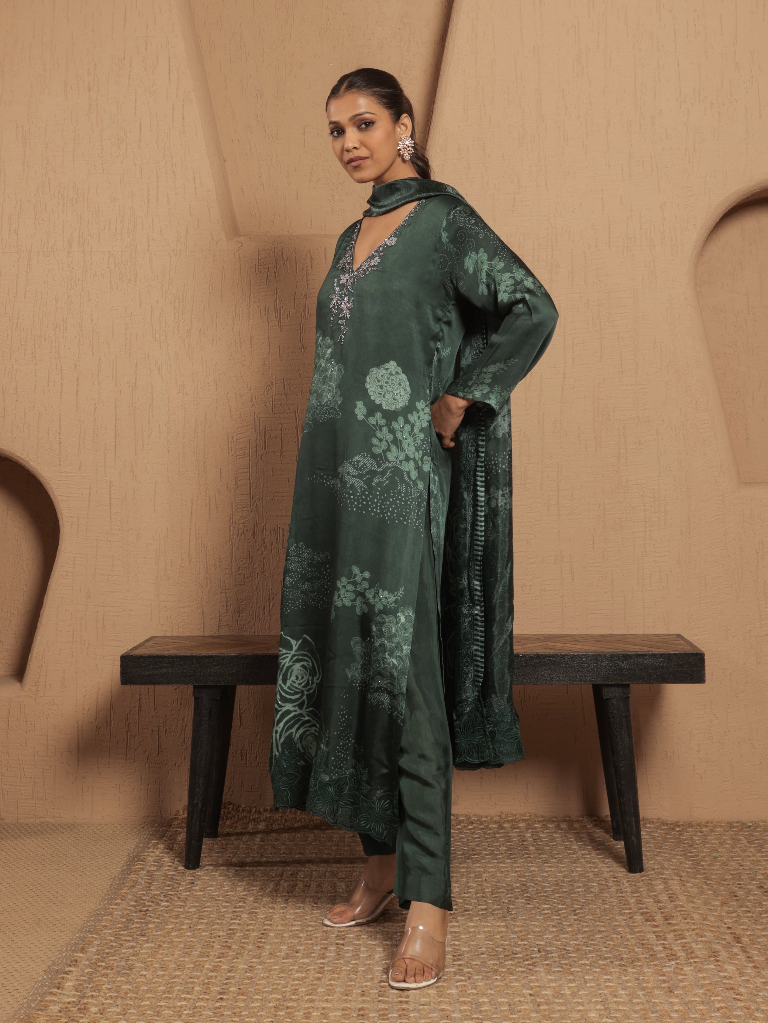 Afreen Satin Printed Kurta Set with Dupatta- Emerald Green