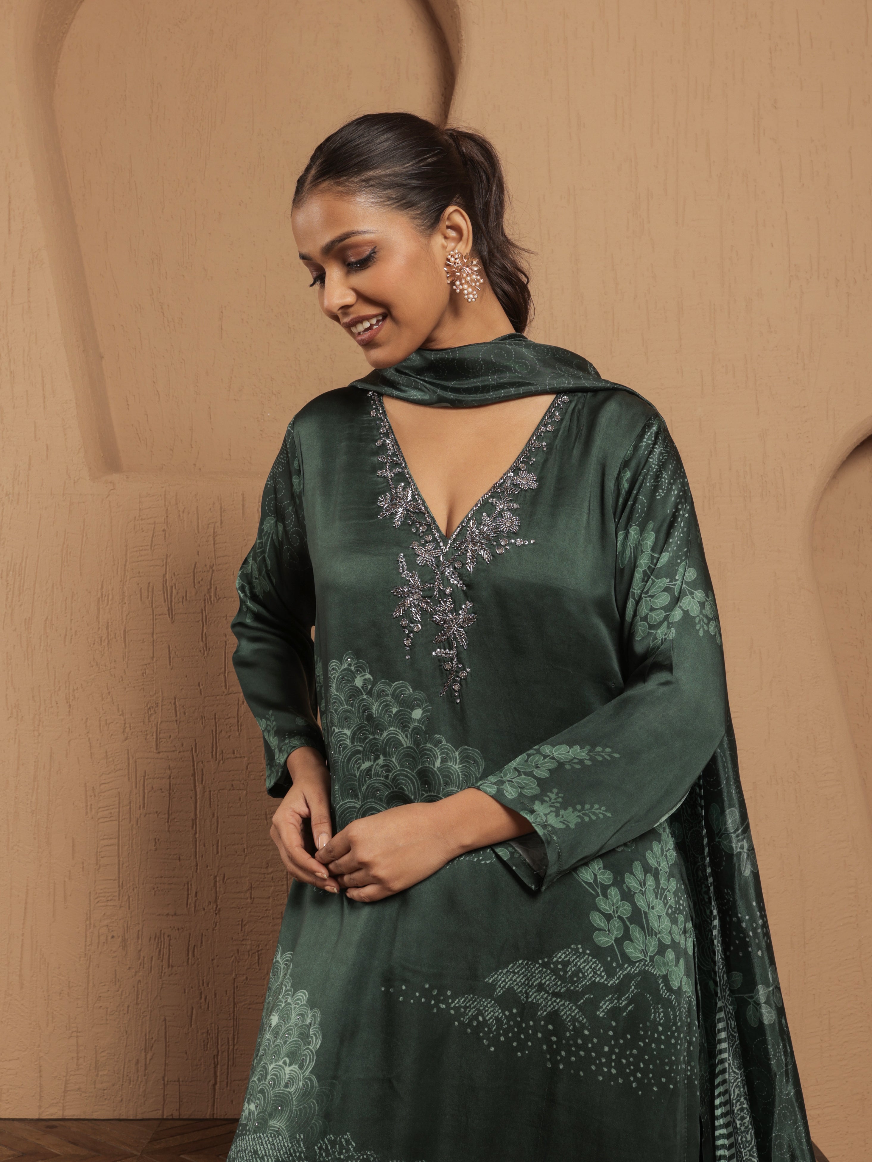 Afreen Satin Printed Kurta Set with Dupatta- Emerald Green