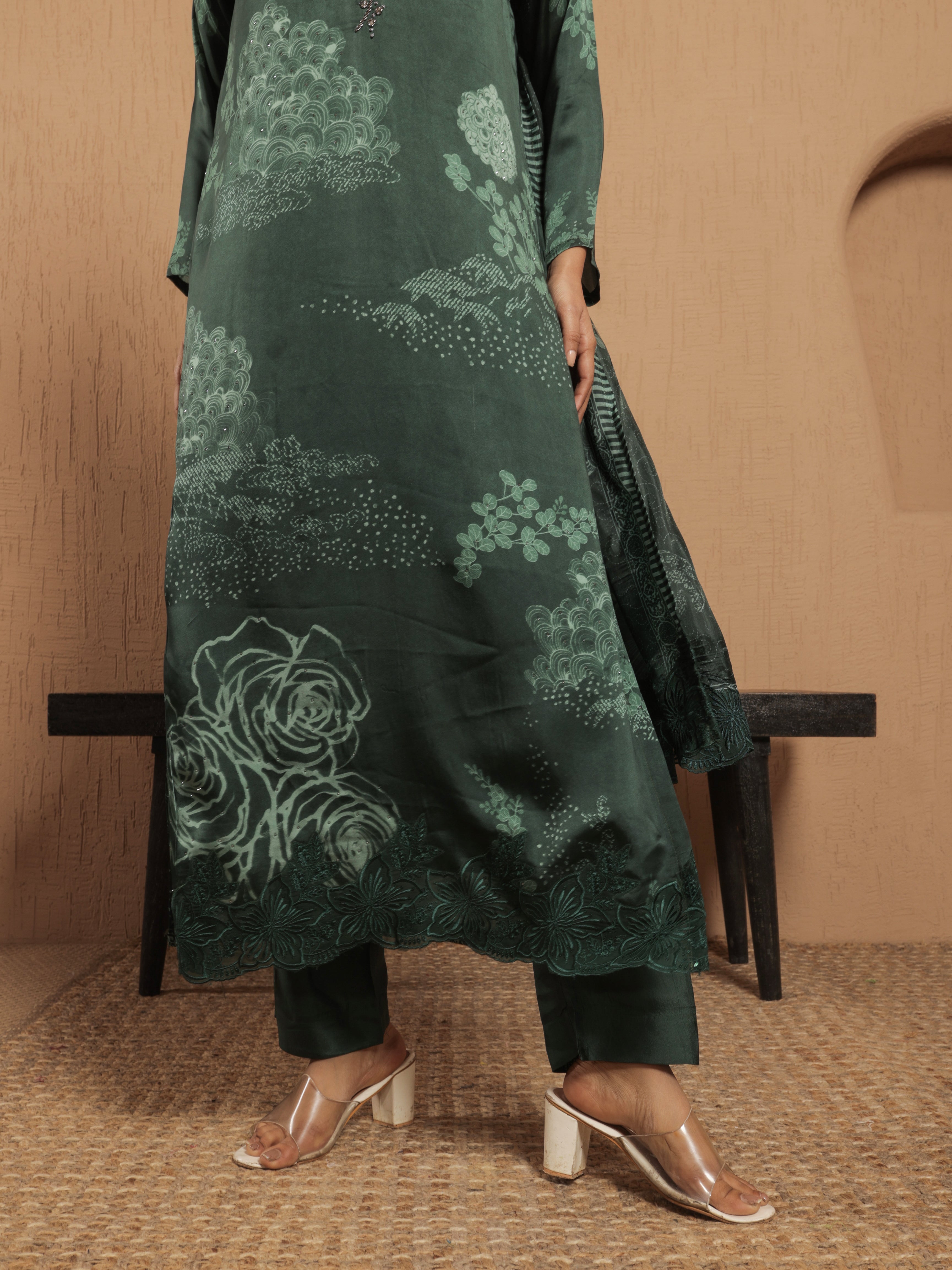 Afreen Satin Printed Kurta Set with Dupatta- Emerald Green