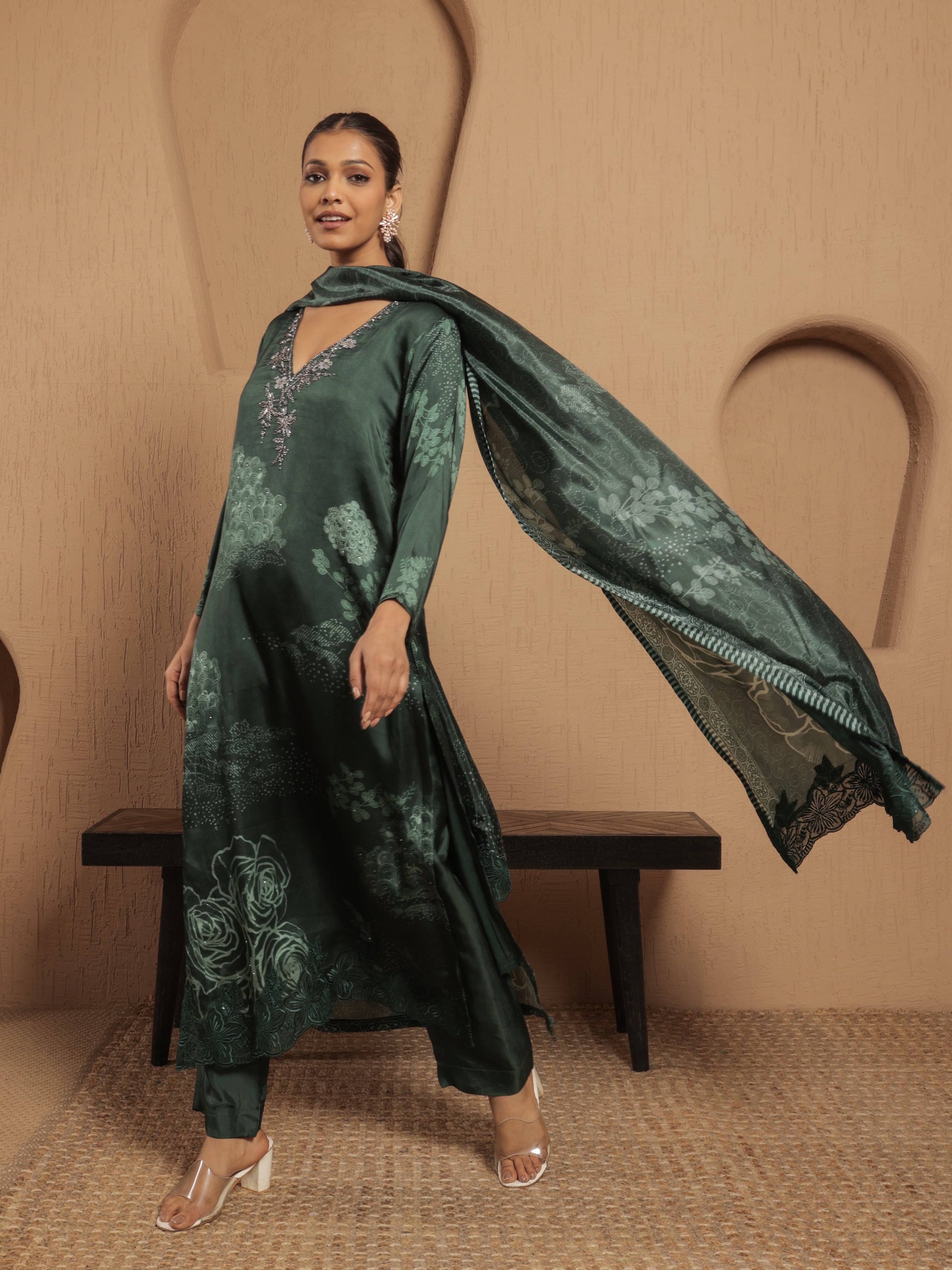 Afreen Satin Printed Kurta Set with Dupatta- Emerald Green