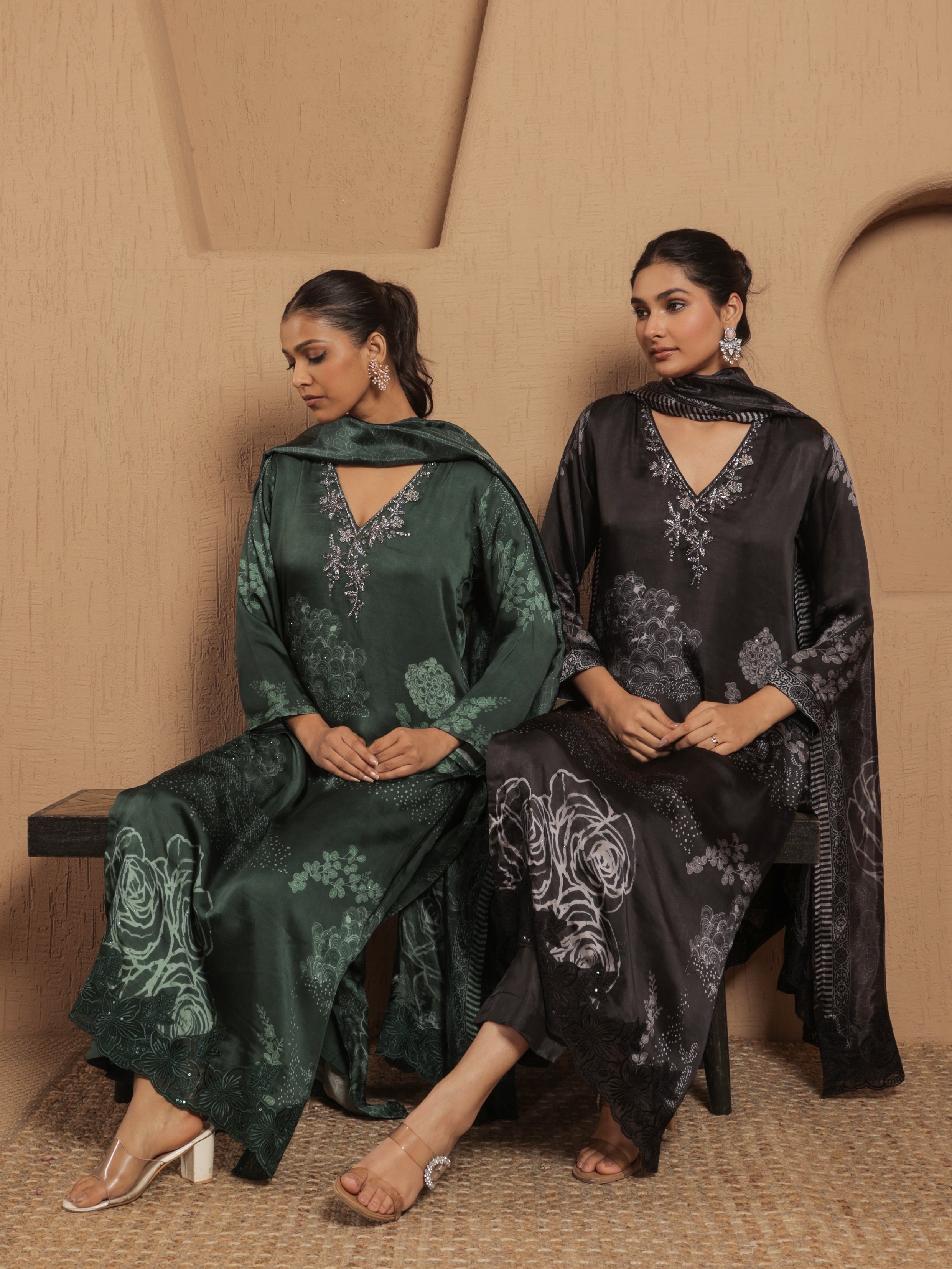 Afreen Satin Printed Kurta Set with Dupatta- Emerald Green