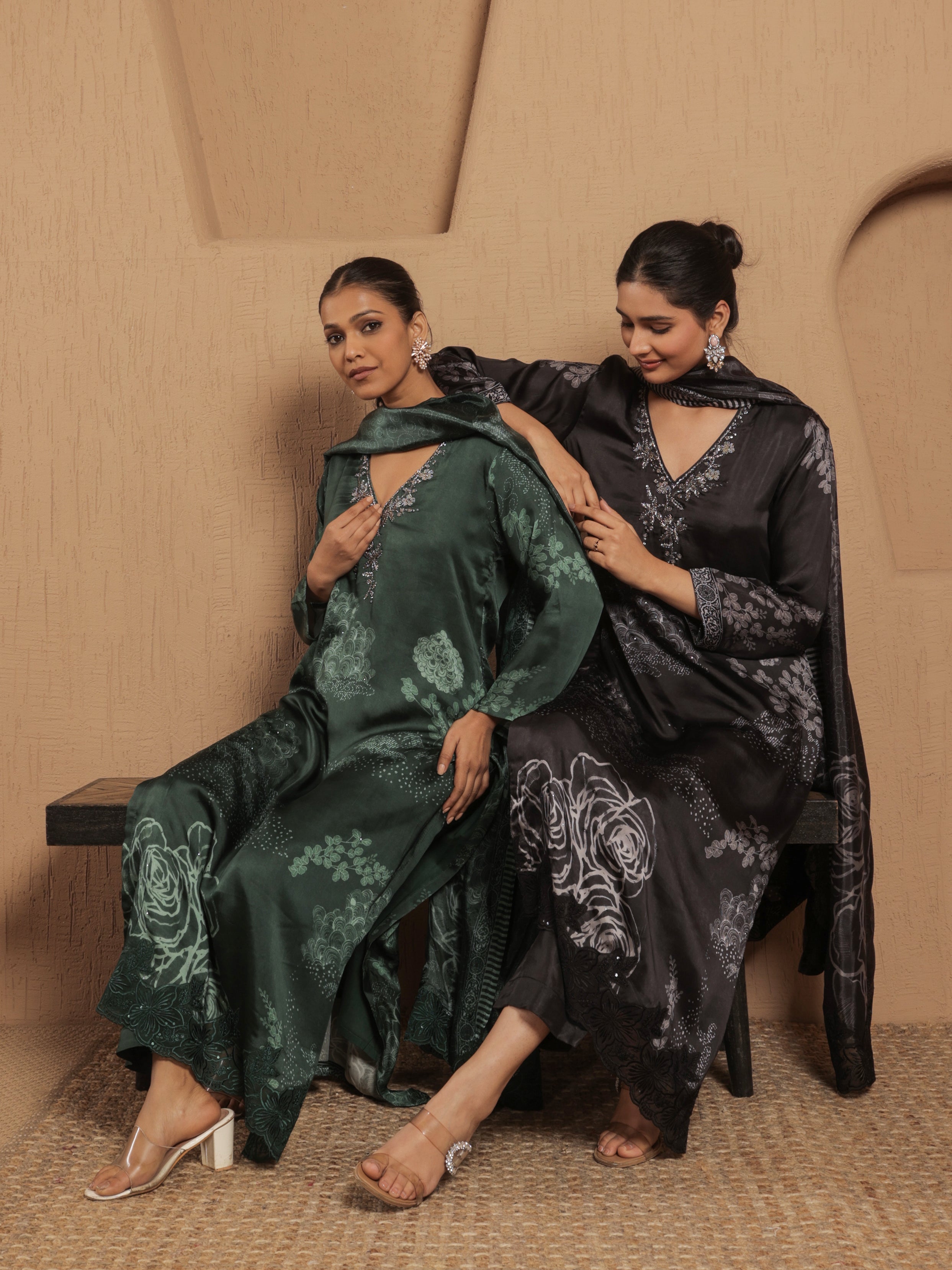 Afreen Satin Printed Kurta Set with Dupatta- Emerald Green