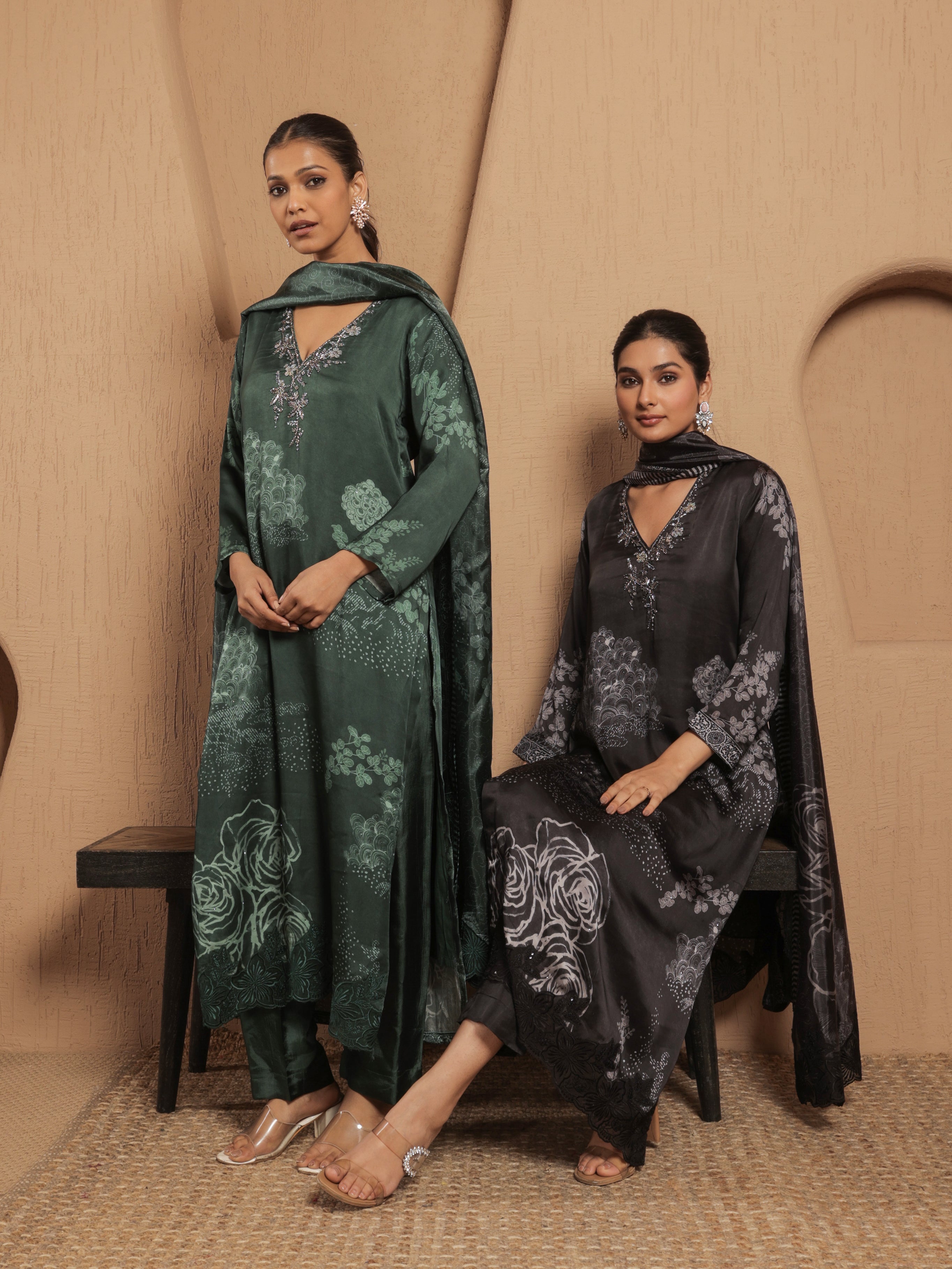 Afreen Satin Printed Kurta Set with Dupatta- Emerald Green
