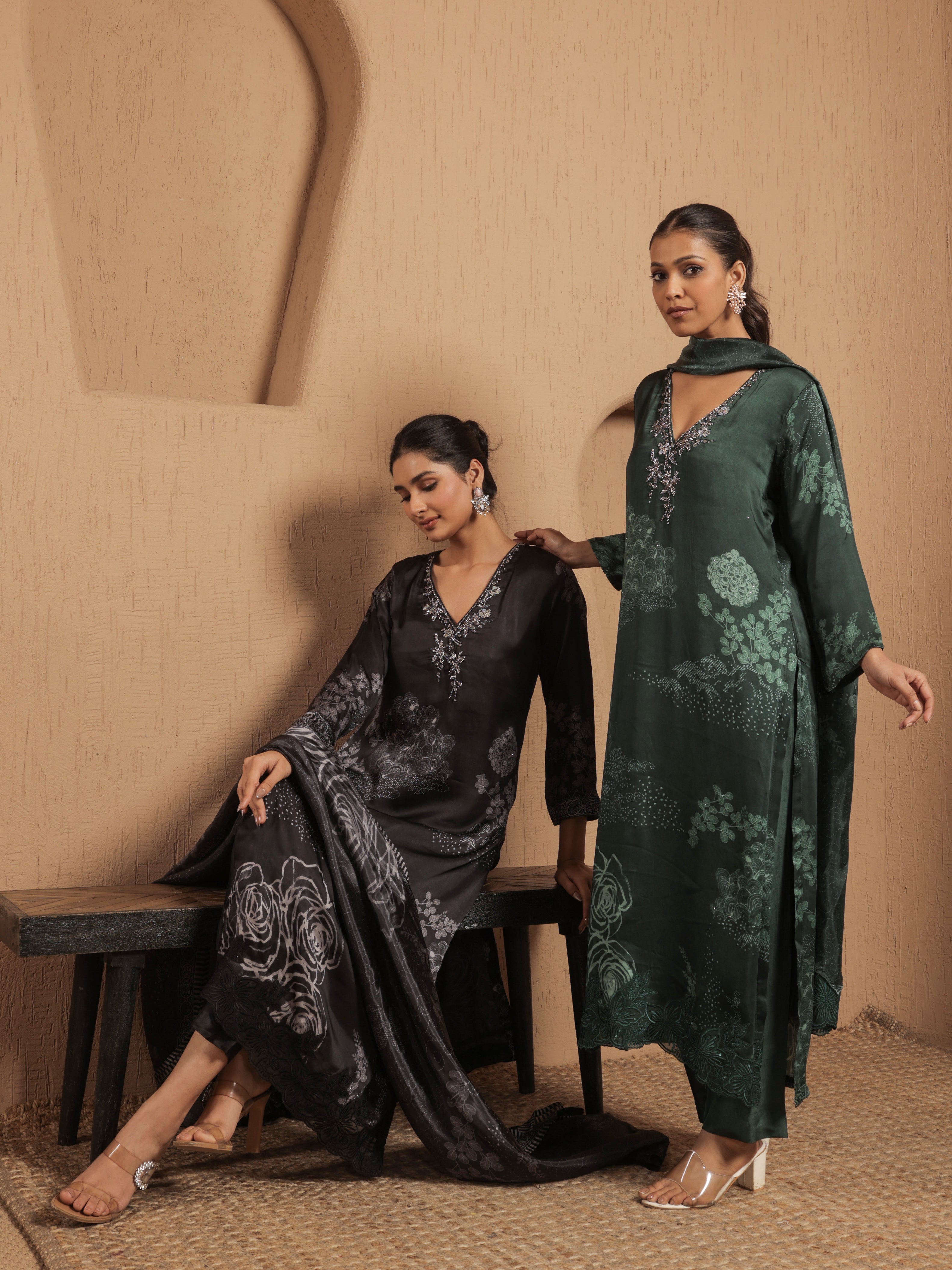 Afreen Satin Printed Kurta Set with Dupatta- Emerald Green