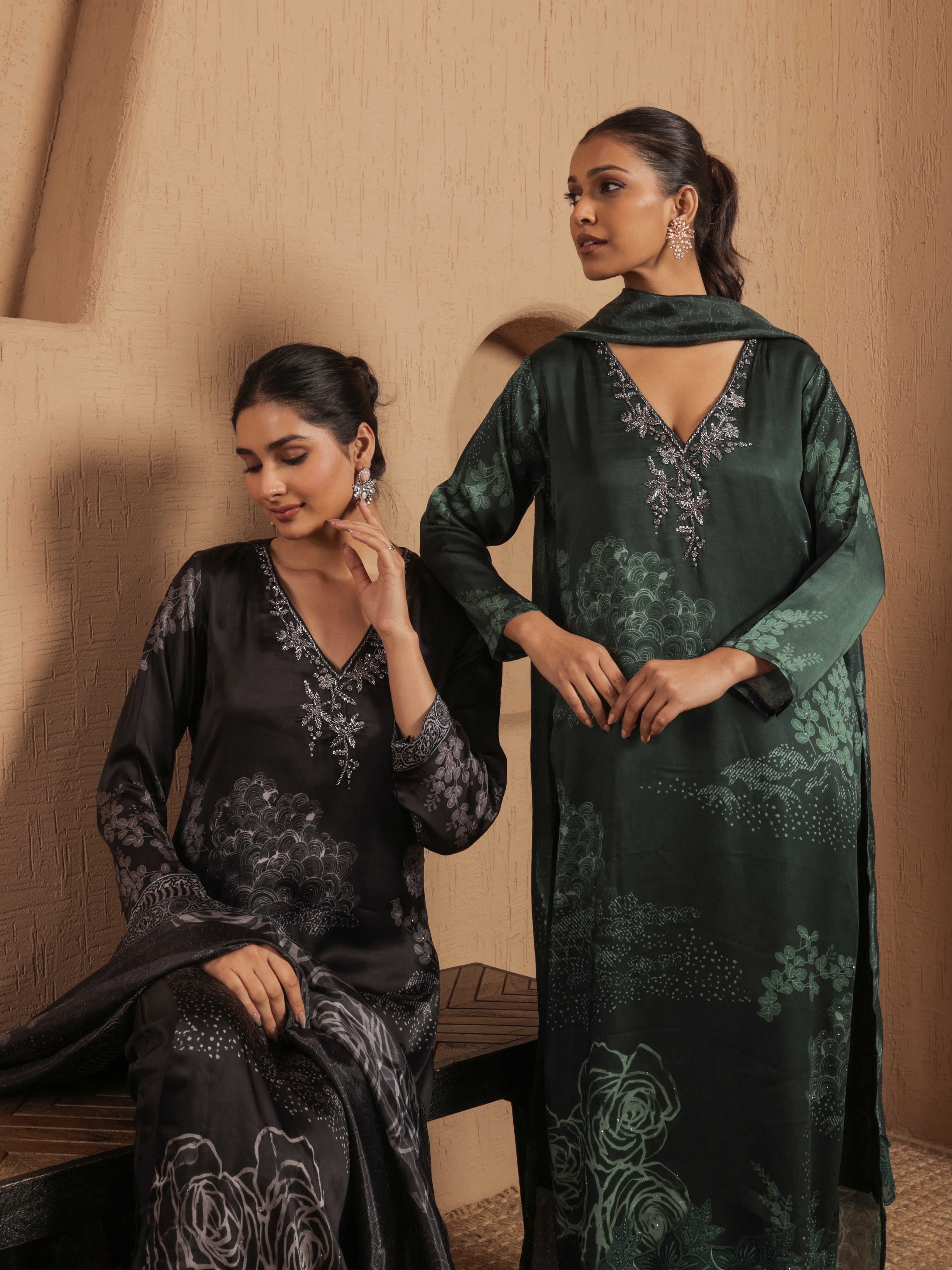 Afreen Satin Printed Kurta Set with Dupatta- Emerald Green