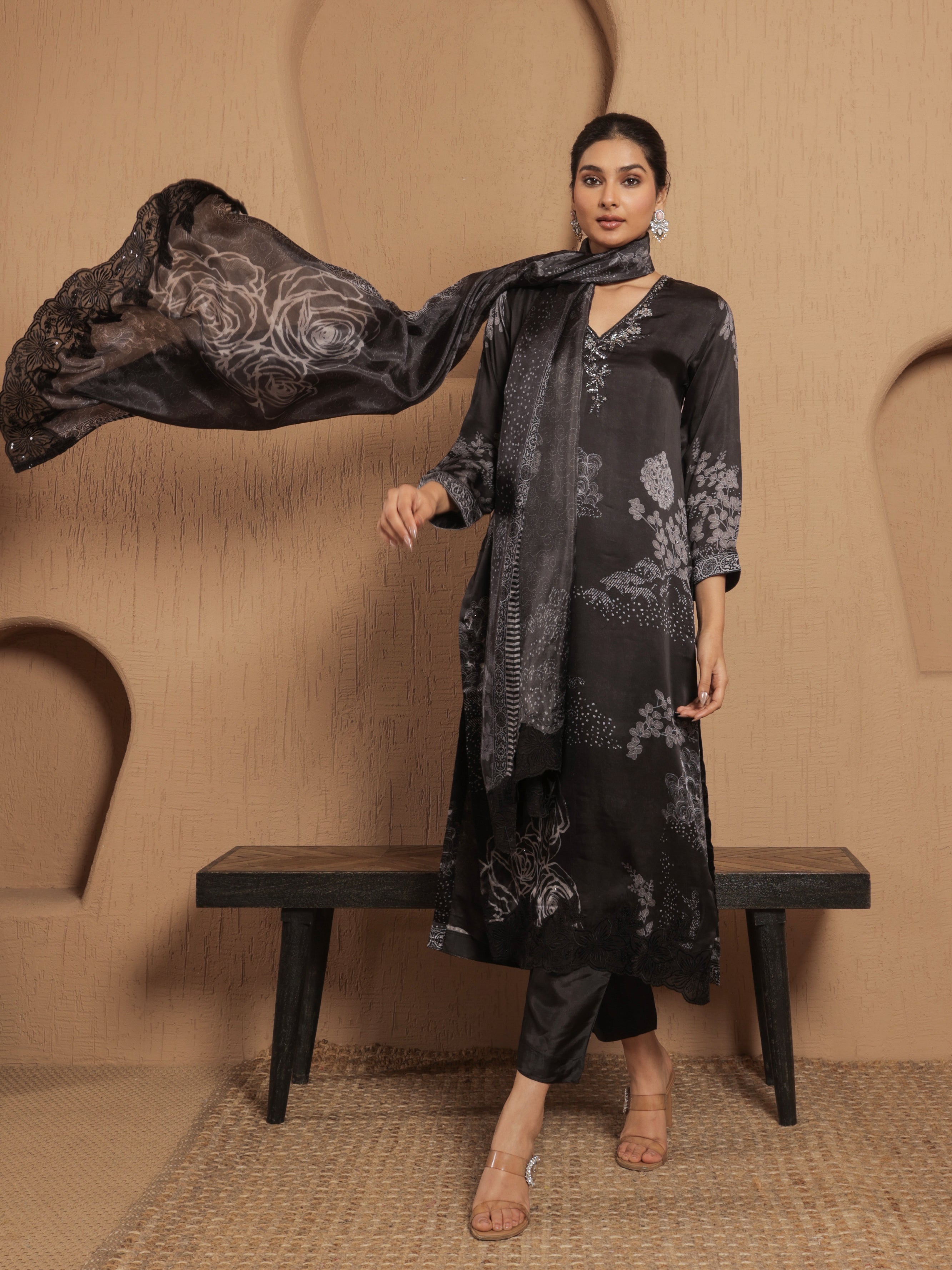Afreen Satin Printed Kurta Set with Dupatta - Black
