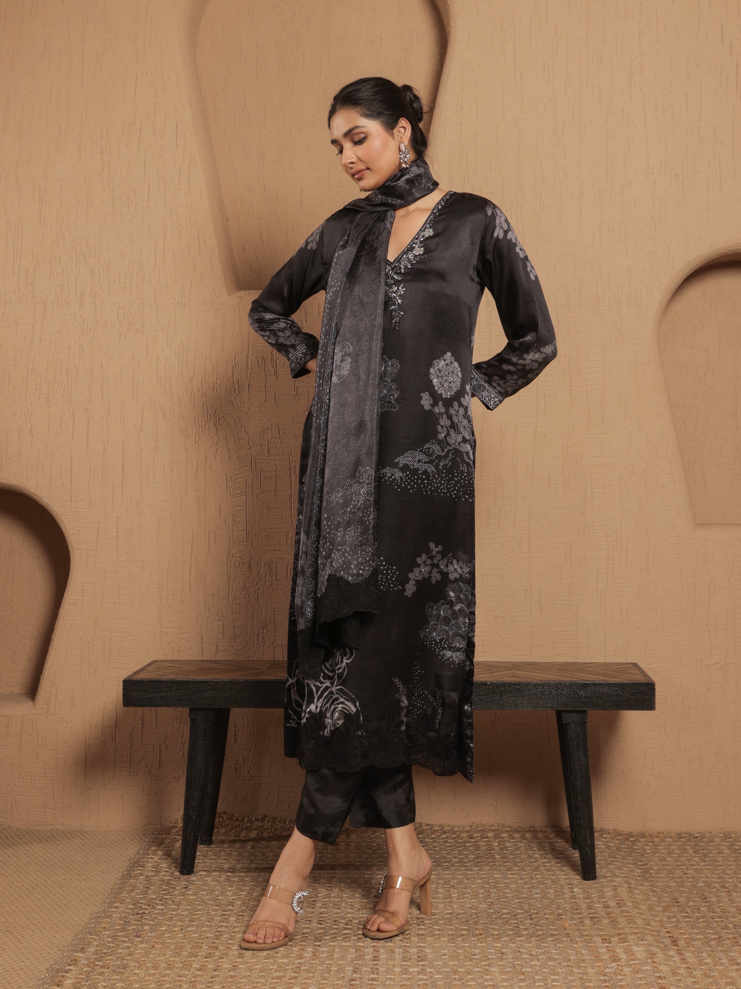 Afreen Satin Printed Kurta Set with Dupatta - Black